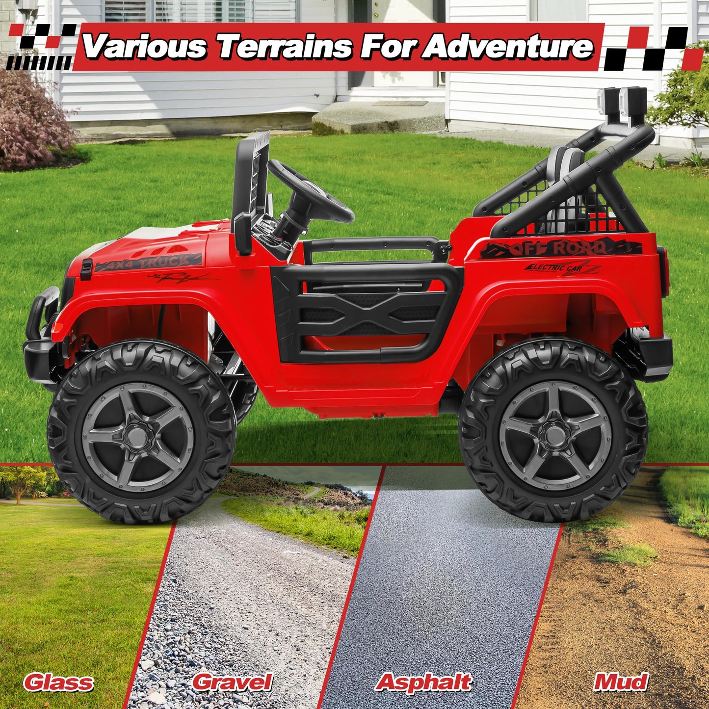 24V XL Ride on Car with Remote Control, JOYRACER 2 Seater 4WD/2WD Switchable Electric Car for Kids w/20 Inch Wide Seat, Gift Flower, 4X200W Power Car Wheels 24 Volt Big Truck for Boys Girls, Red