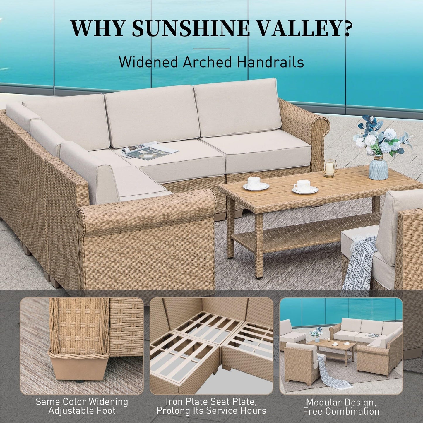 Patio Furniture Set 7 Piece, Wicker Rattan Sectional Sofa Couch with 5.5" Thick Waterproof Cushions and Coffee Table, All weather Modular Outdoor Conversation Set for Lawn Backyard and Deck, Beige