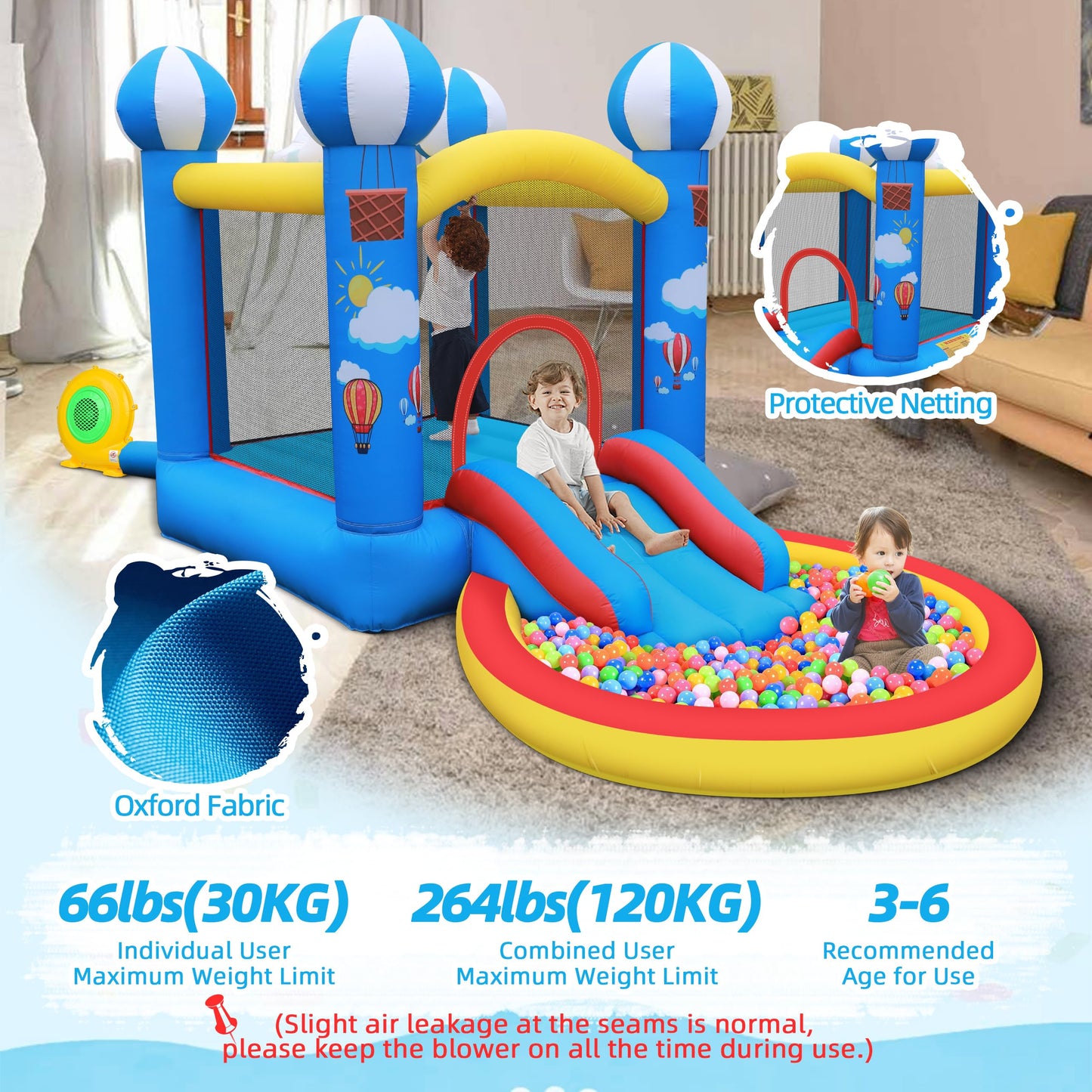 Culaluva Inflatable Bounce House: 4 in 1 Bouncy Castle with Ball Pit & Slide for Kids Age 3-6 with 370 Watt Blower and Storage Bag for Indoor Outdoor Play Oxford Cloth