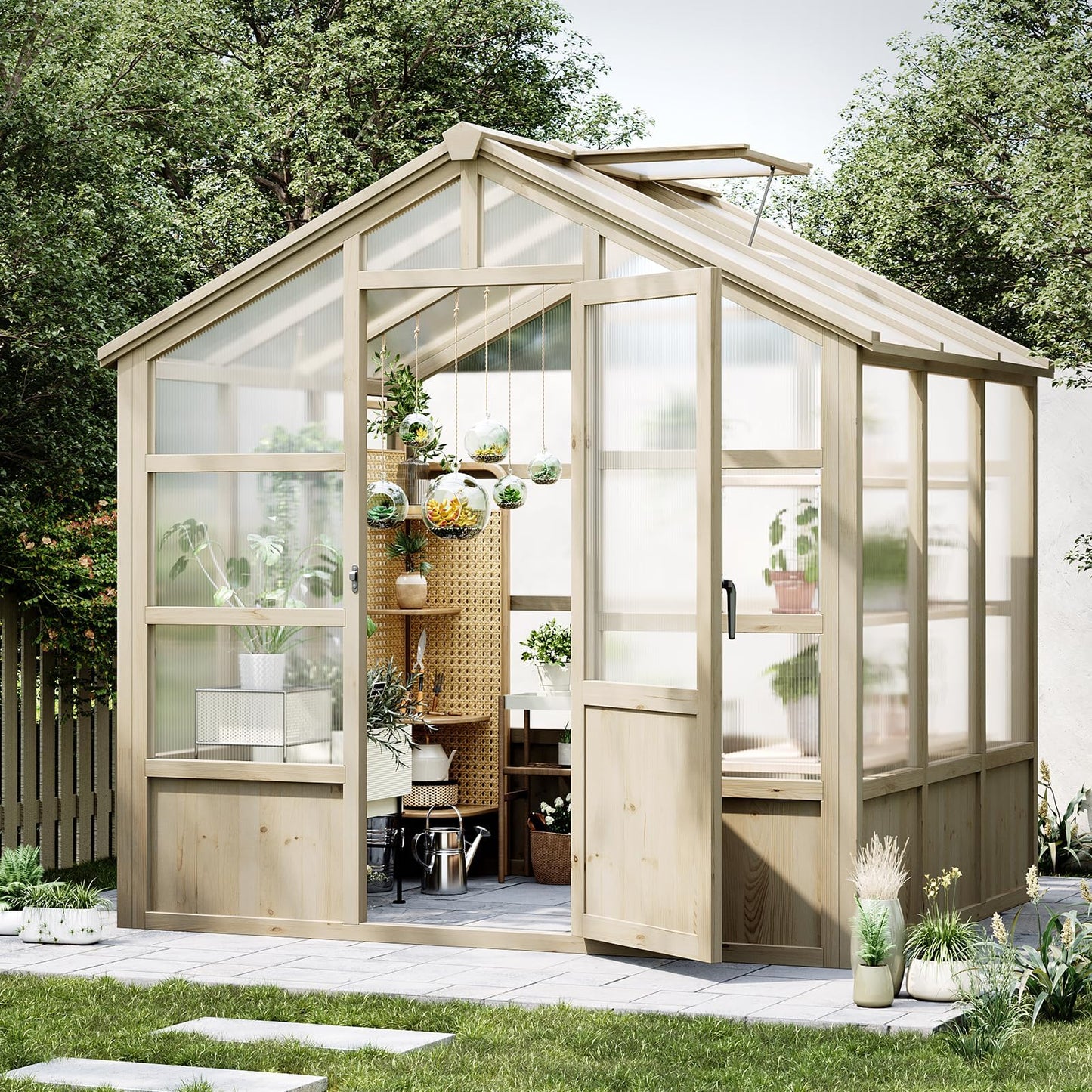 Wooden Greenhouse 8x10 FT, Heavy Duty Greenhouses with Lockable Door and Polycarbonate Panel for Outdoors, Wood Frame & Adjustable Vent, Large Walk-in Greenhouse for Gardens Yards Outside, Light Brown