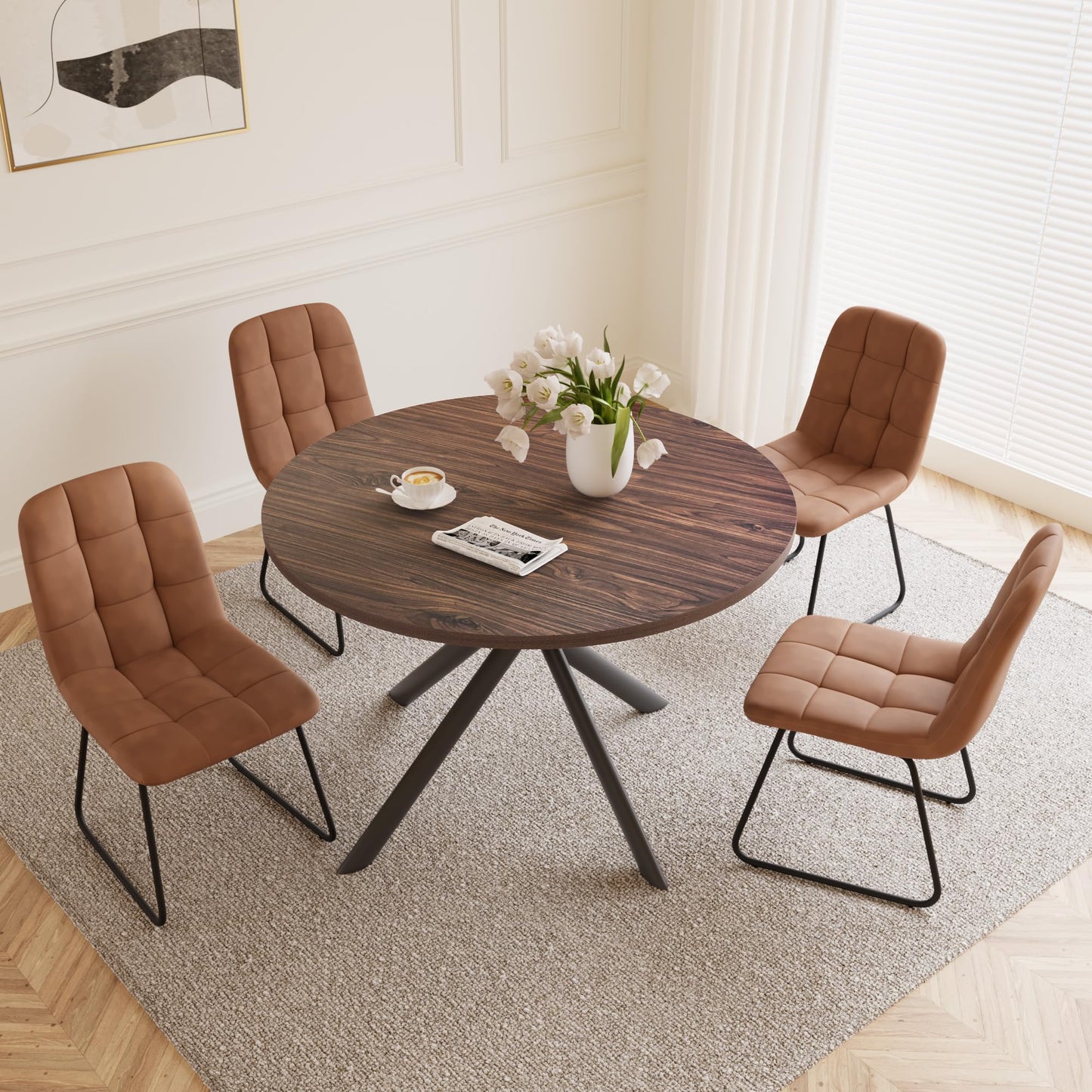 HIPIHOM 45.3 Inch Round Dining Table Set for 4, Mid Century Modern Small Coffee Set for Dining Room Kitchen Apartment (Dark Walnut Table + 4 U-Shaped Brown Chairs)