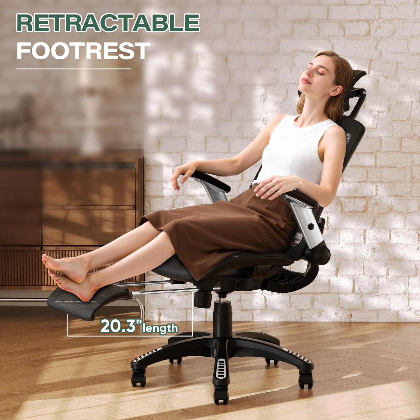 GABRYLLY Ergonomic Office Chair with Footrest, High Back Home Desk Chair - 3D Headrest, Flip-Up Arms, 135° Tilt and Wide Cushion, Heavy Duty Mesh Chairs for Task Computer Gaming,GYB01-FT