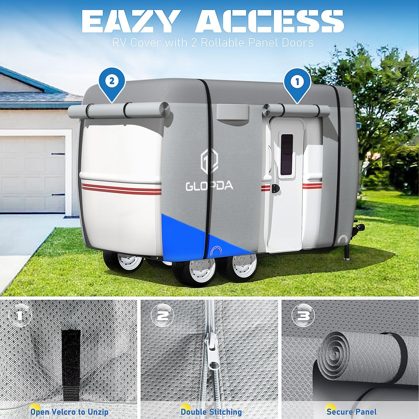 Fiberglass Travel Trailer Cover Fits 13' - 16' Trailers, Anti-Tear 7 Layer Top Camper RV Cover, Superior RV Covers with Windproof Strap, Adhesive Repair Patches