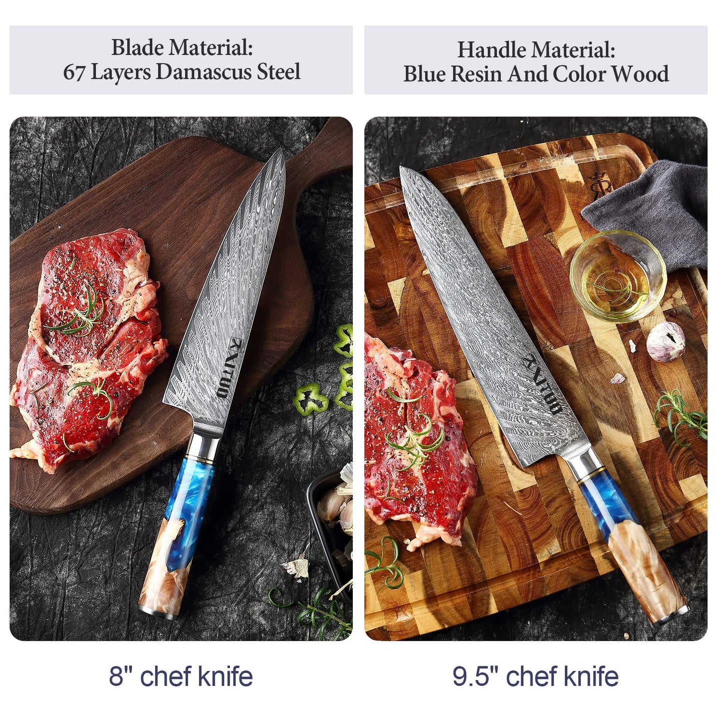 XT XITUO Kitchen Chef Knife Set 7 Piece, Chef Knife, 8'' Bread Knife, 7''Santoku knife Damascus Steel-VG10 Blue Resin Wood Handle -Gift Box - w/knife Sheath (7PC Chef Knife Set)