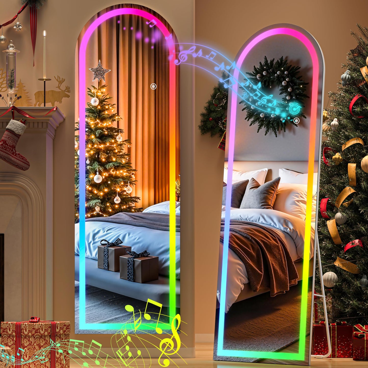 Hasipu 56" x 16" Arch LED RGB Bluetooth Full Length Mirror with Stand ＆ 7 Color Lighting Modes, Full Body Mirror with White Frame for Bedroom, Living Room, Dressing Room