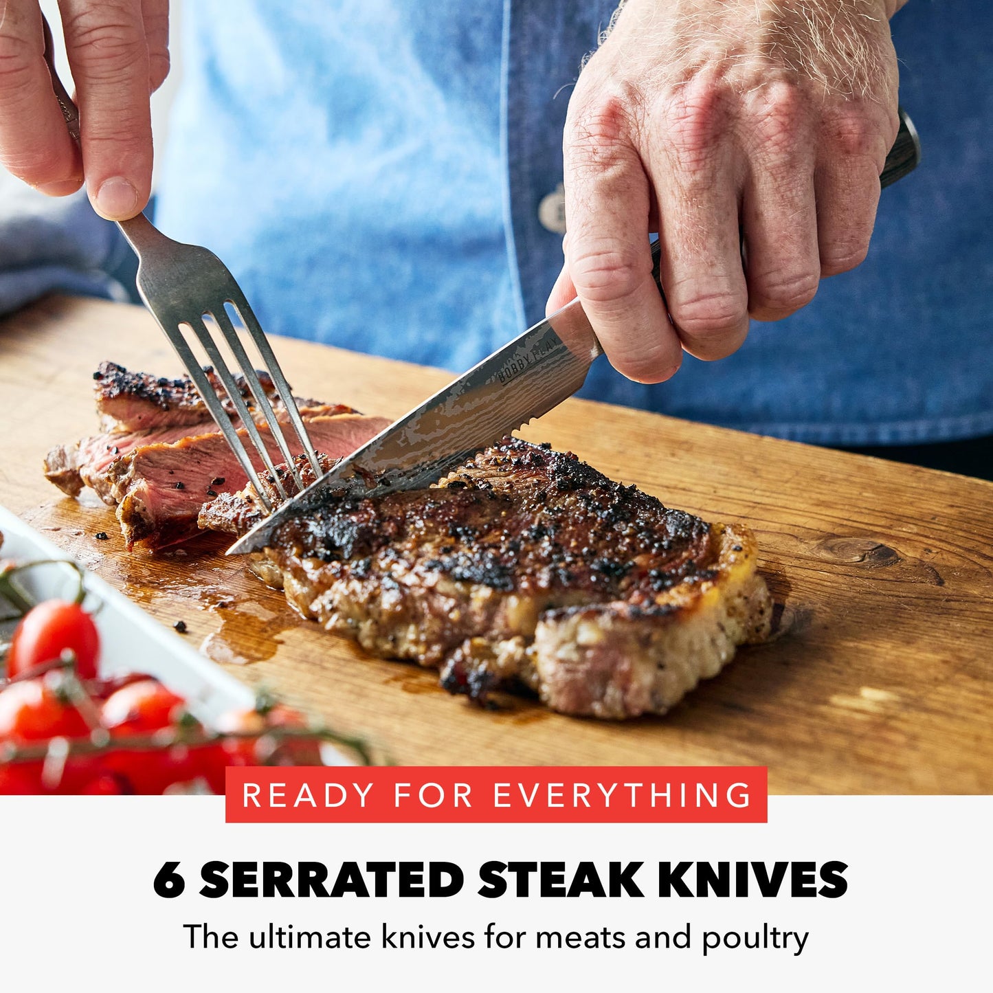 GreenPan x Bobby Flay 13 Piece Stainless Steel Cutlery Kitchen Knife Block Set, Premium Stainless Steel Blades, Acacia Wood Knife Block, Hand Finished Ergonomic Wood Handle, Damascus Steel Design