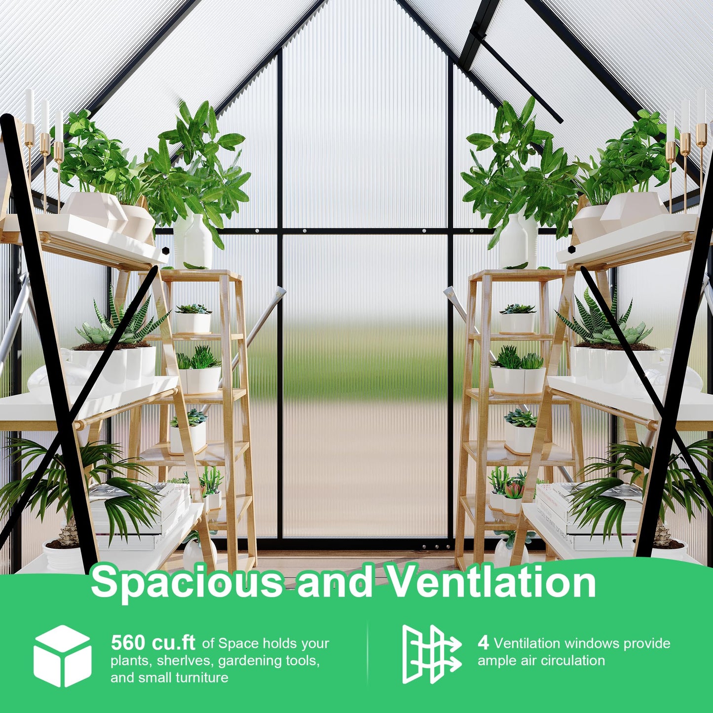Aluminum Polycarbonate Greenhouse for Outdoors, Large Walk-InGreenhouse With Quick Setup Structure and Roof Vent, Greenhouse With Ventilation