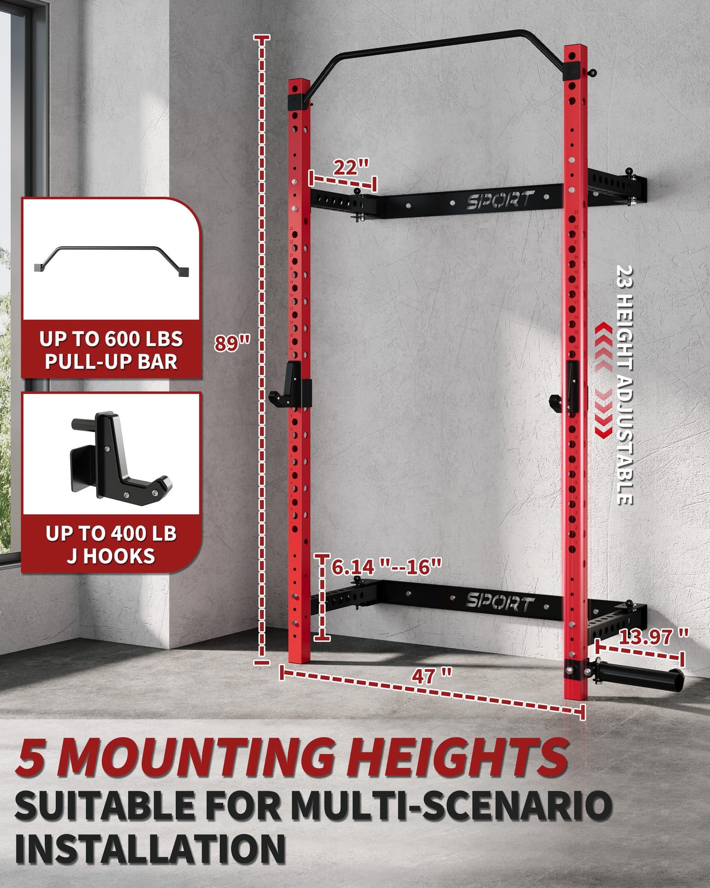 Folding Squat Rack for Home Gym, 1000 LB Capacity Wall Mounted Power Rack with Pull Up Bar, J Hooks and More Attachments, 2.36" x 2.36" Space Saving Multifunction Power Cage, Black/Red
