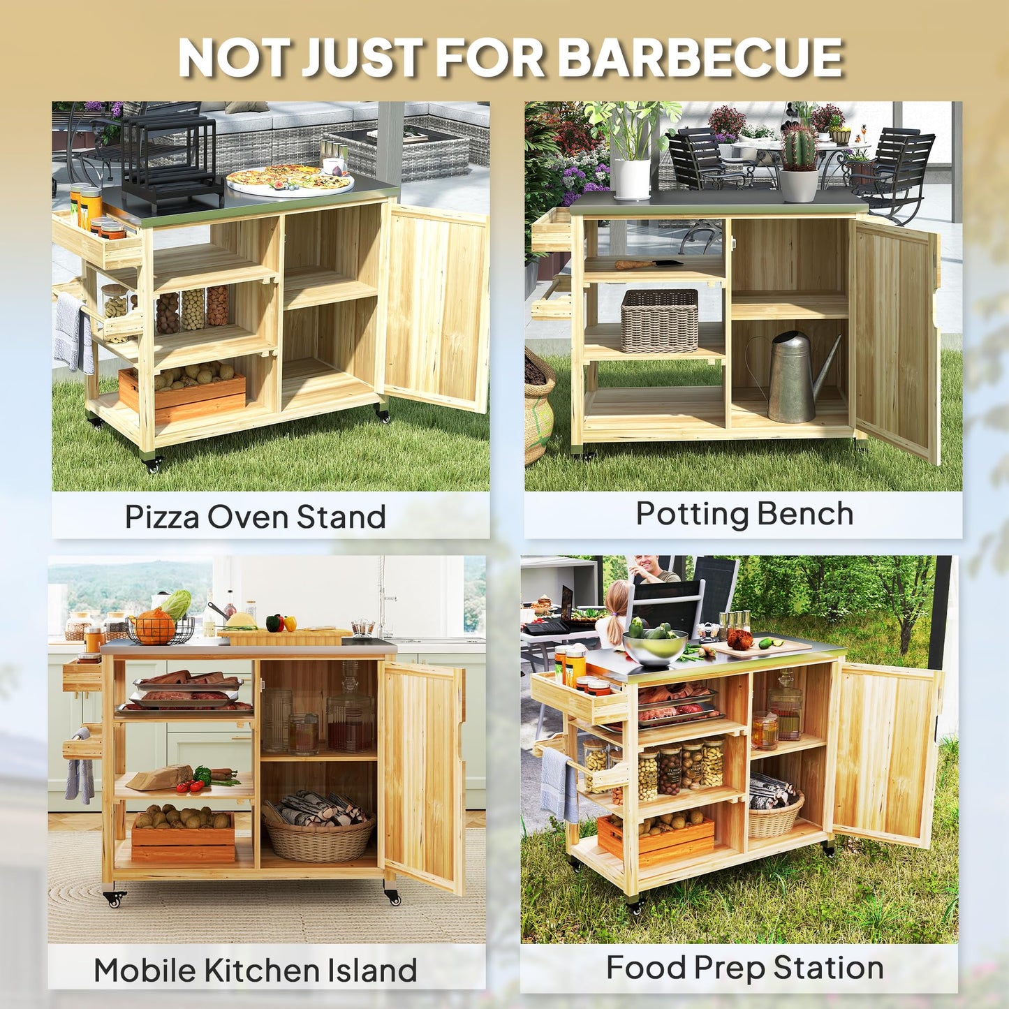 Outsunny Outdoor Grill Cart with Wheels and Storage Cabinet, Solid Wood Outdoor Kitchen Island with Stainless Steel Top, Movable Bar Cart for BBQ and Camping, Spice Rack and Towel Holder, Natural Wood