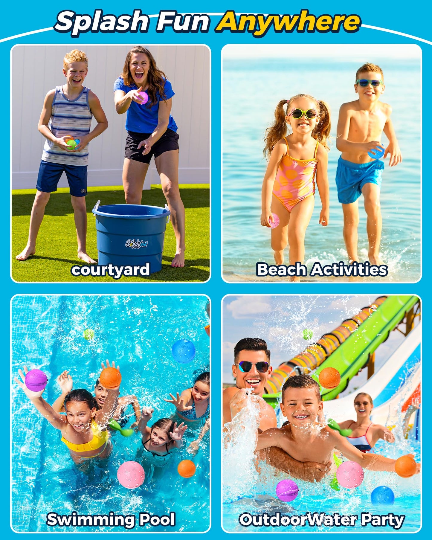 Tlitlimom Reusable Water Balloons, Summer Toy Water Toy for Boys and Girls, Pool Beach Toys for Kids ages 3-12, Outdoor Activities Water Toys Self Sealing Water Splash Ball for Fun (6Pack)