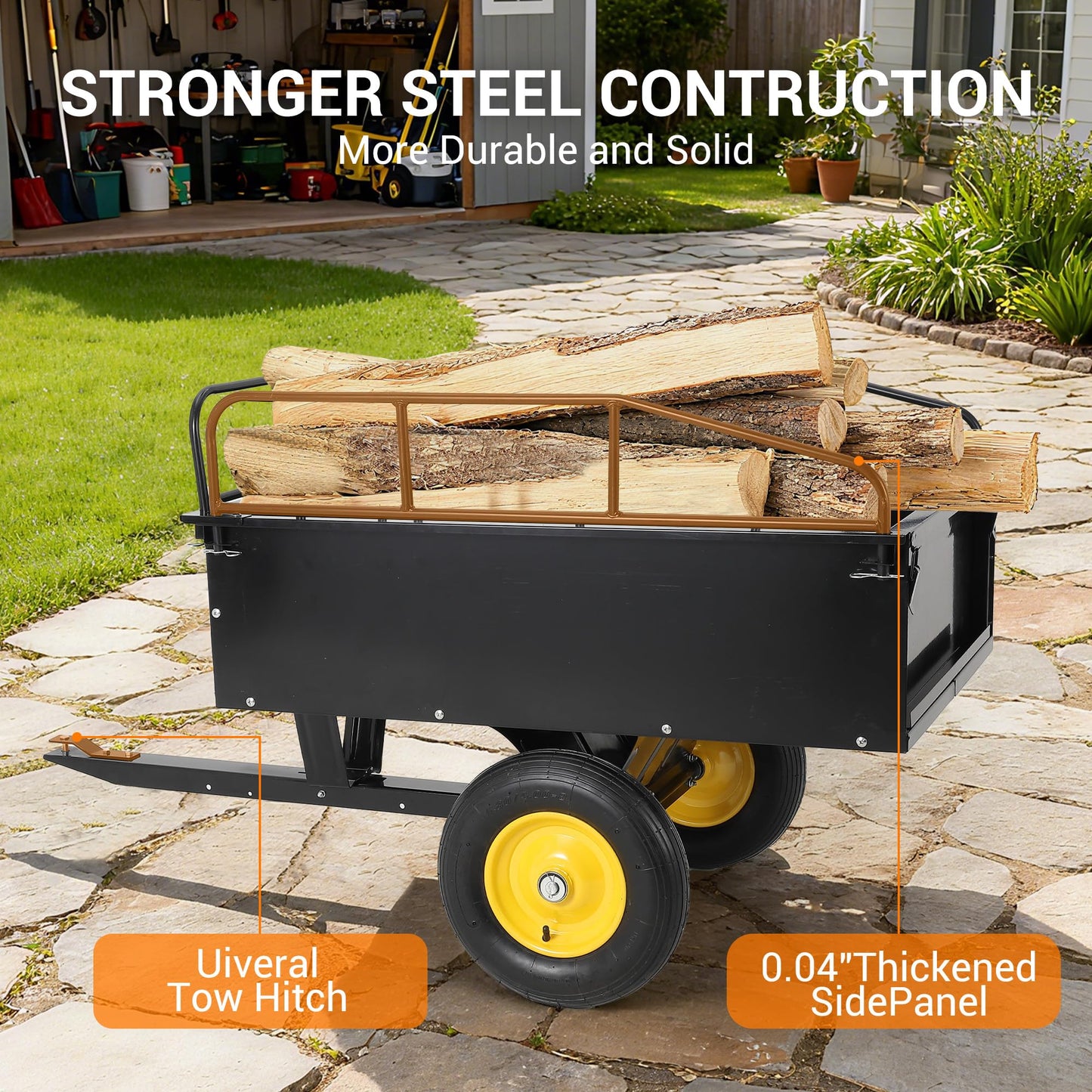 750LB Capacity Steel Dump Cart - Heavy Duty ATV Trailers Pull Behind - Garden Utility Trailer Yard Trailers for for Lawn Mower Tractor