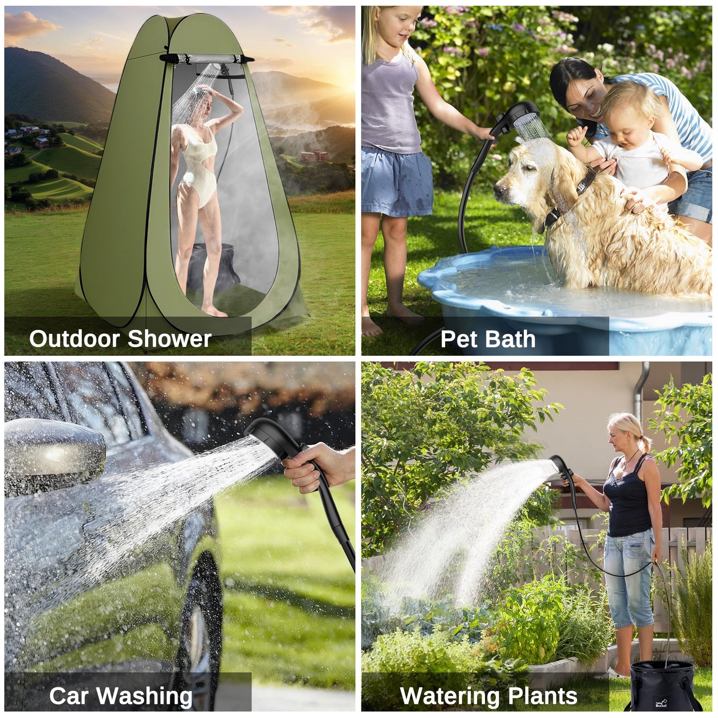 Portable Camping Shower, Pop Up Privacy Tent Kit with LED Light and Foldable Toilet, 6000mAh LCD Screen Shower Pump, 5.3 Gallons Bucket, Outdoor Shower for Hiking, Travel, Car