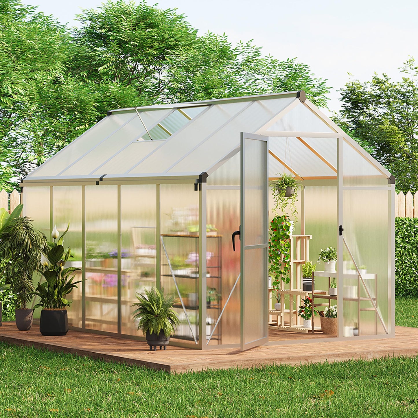 6X10 FT Greenhouse for Outdoors, Large Walk-in Polycarbonate Greenhouse Kit, Aluminum Frame, Lockable Door, Roof Vent, Ground Spikes, for Garden, Patio, Backyard, Outdoor Plant Growth