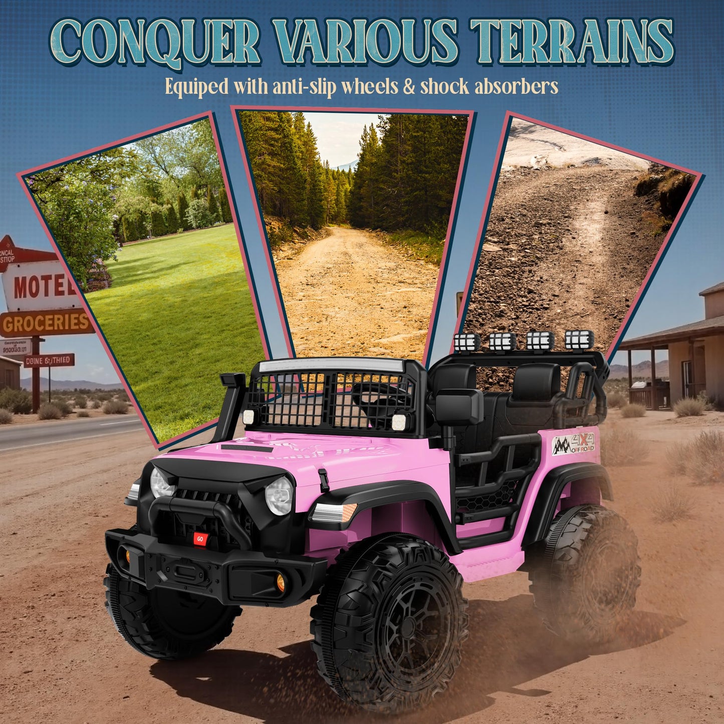 JORFLY 24V Ride on Toys for Big Kids, 20'' 2-Seater Electric Ride On Car Truck w/800W Motors, Remote Control, Mult-Led Lights, 3 Speeds, Bluetooth, Shock Absorption, Power Car Wheels for Kids, Pink