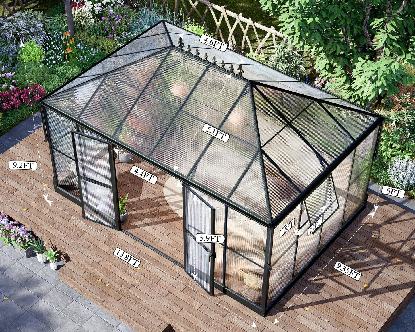 Howe 14x9.5x9 FT Polycarbonate Greenhouse with 2 Vents and Double Swing Doors 6FT Added Wall Height, Walk-in Large Sunroom Aluminum Greenhouse for Outdoors, Black