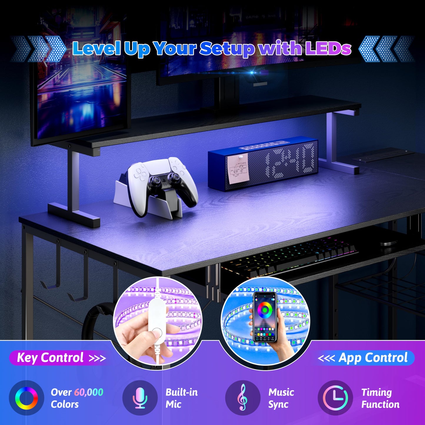 BORNOON Computer Desk, L Shaped Gaming Desk with Monitor Stand & Storage Shelf & LED Light & USB Power Outlet, Reversible Shelves Corner Table with Keyboard Tray for Gaming, Home Office, Study