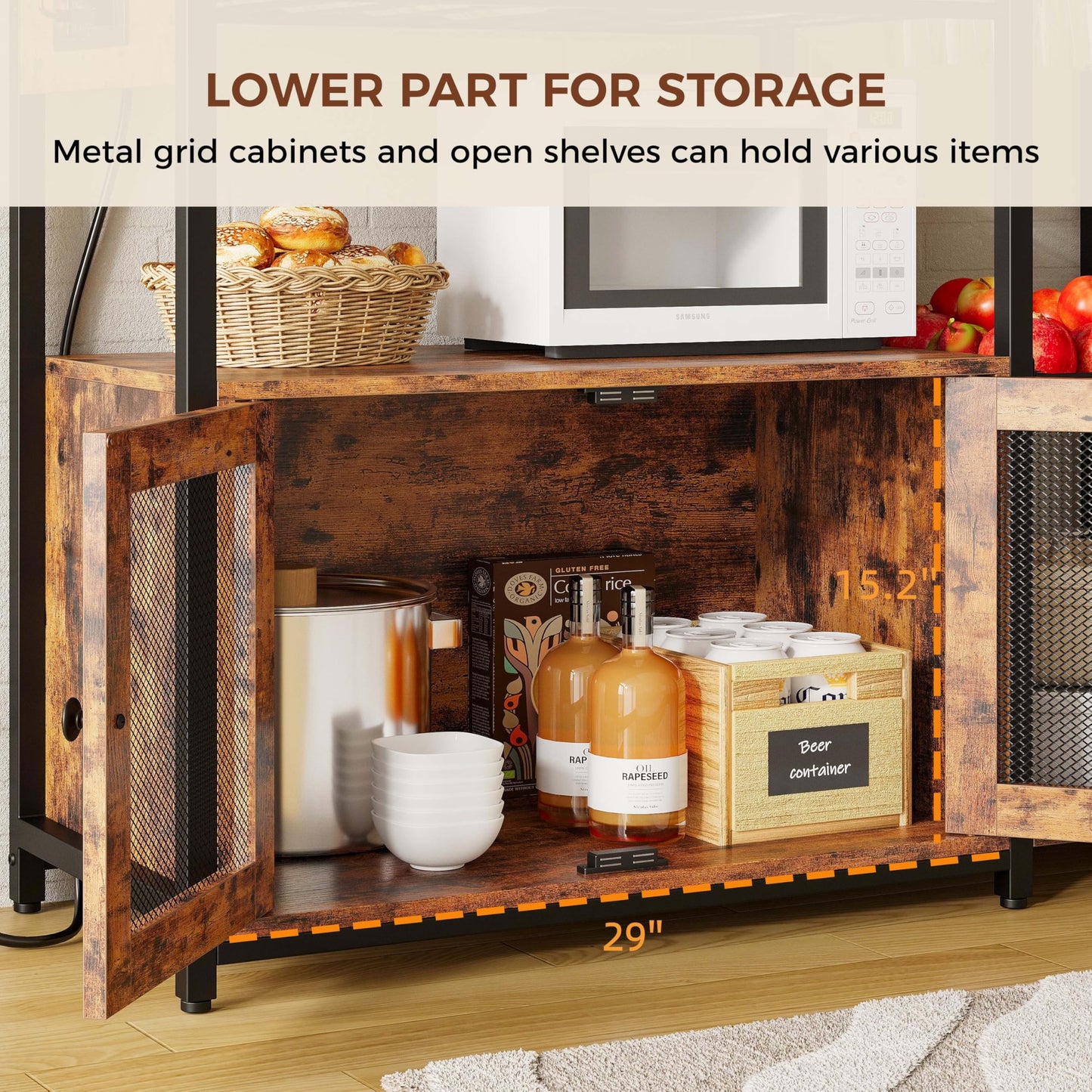 IRONCK Bakers Rack with Power Outlet & Storage, 45.5" W Coffee Bar Cabinet with Wine Rack & Pegboard, Industrial Microwave Stand with 10 Hooks & 3 Wire Basket, Kitchen Shelves, Rustic Brown