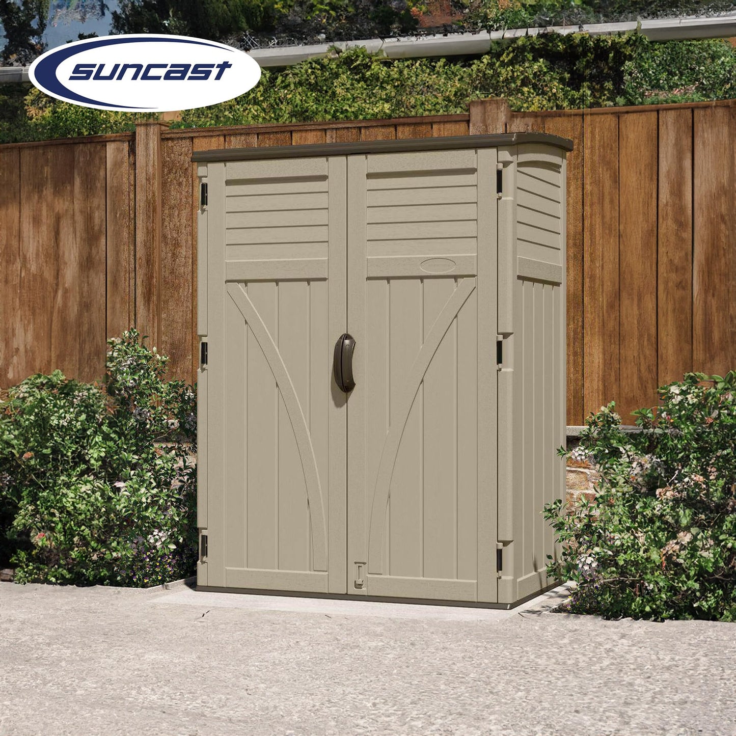 Suncast Outdoor Storage Shed, Water Resistant Resin Vertical Outdoor Storage Cabinet for Patio, Garden Tools, Cushions, & Equipment, Weatherproof Multi-Wall Design, 54 cu. ft., Made in USA