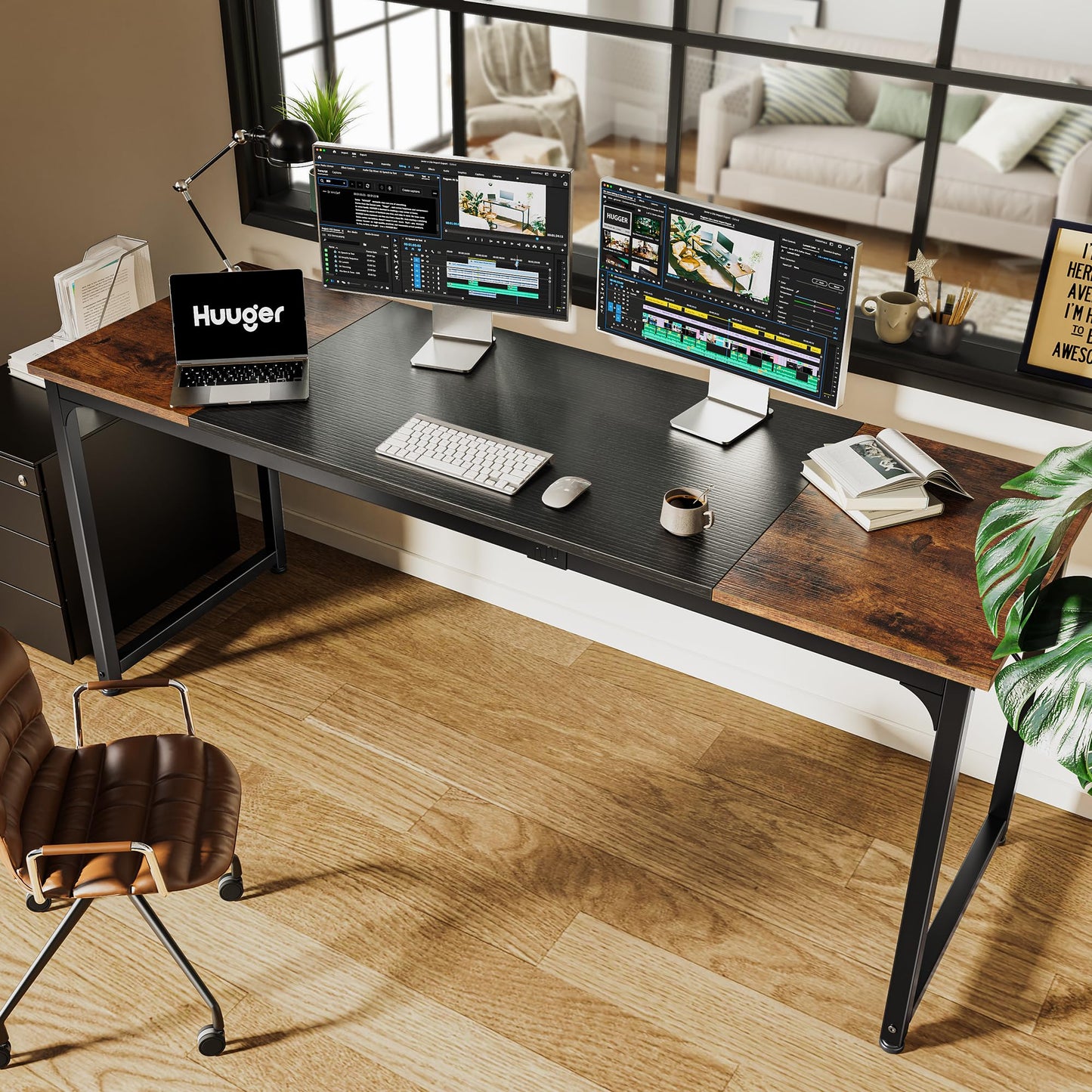 Huuger Computer Desk, 70 Inch Office Desk, Gaming Desk with Storage, Writing Desk Work Desk for Home Office, Study, Long Simple Desk, Large Legroom, Metal Frame, Rustic Brown and Black