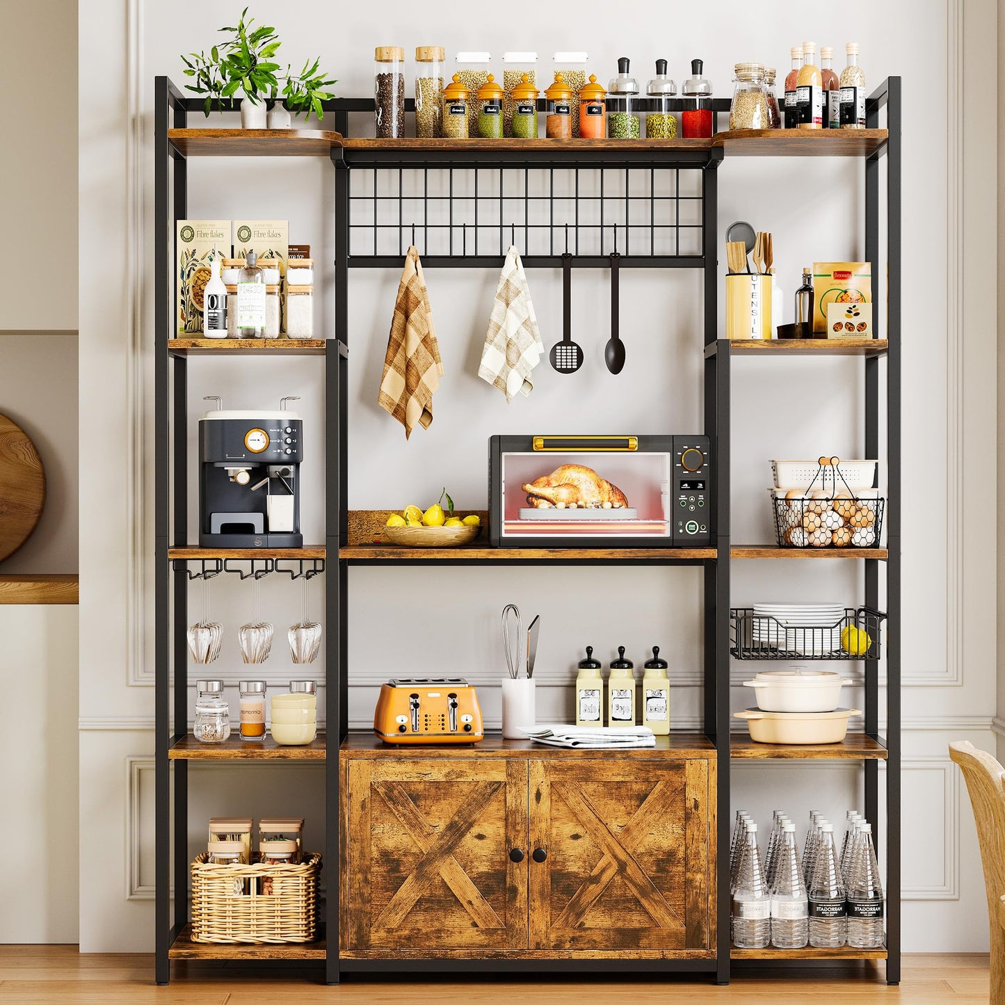 IRONCK Bakers Rack with Power Outlet, 54.7 Inch Coffee Bar Cabinet, Kitchen Bakers Rack with Storage, Microwave Stand with Shelves, Globlet Holder and 5 Hooks, Vintage Brown