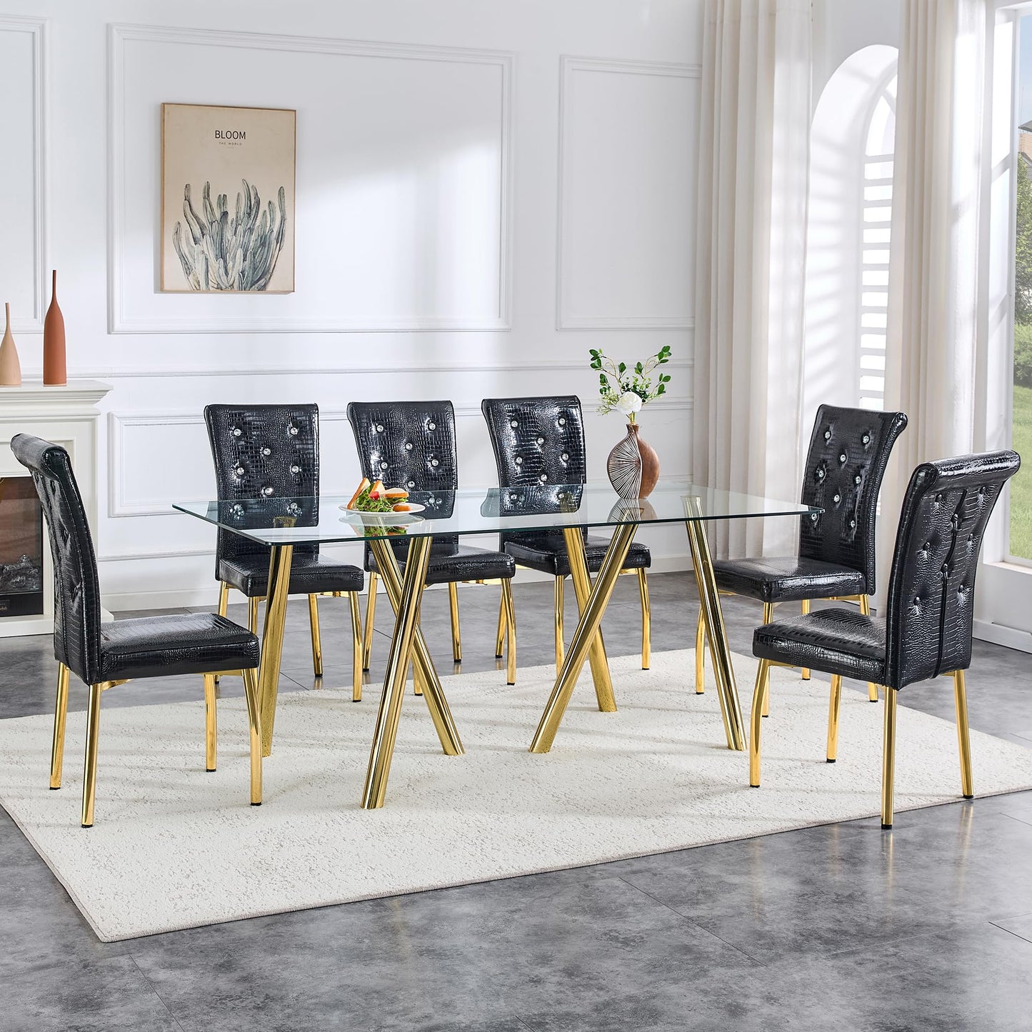 Vohward 71" Tempered Glass Dining Table Set for 6, 7 Piece Glass Dining Room Table Set with 6 Black Upholstered Chairs, Gold Metal Legs Modern Rectangular Kitchen Table and Chairs Set for Home