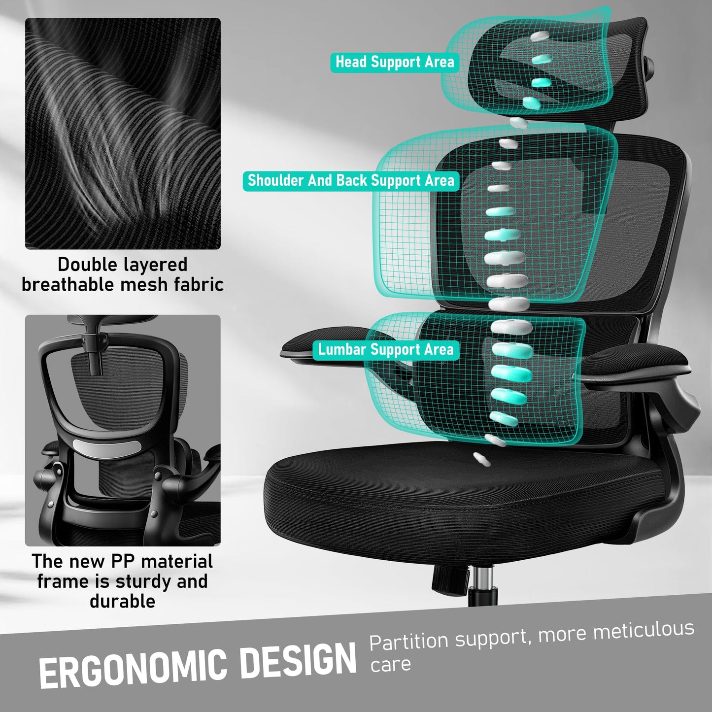 BESTFAIR High Back Ergonomic Office Chair, Breathable Mesh Desk Chair with Lumbar Support, Adjustable Headrest, Flip-up Armrests, Computer Gaming Chair, (Black, 1Pack)