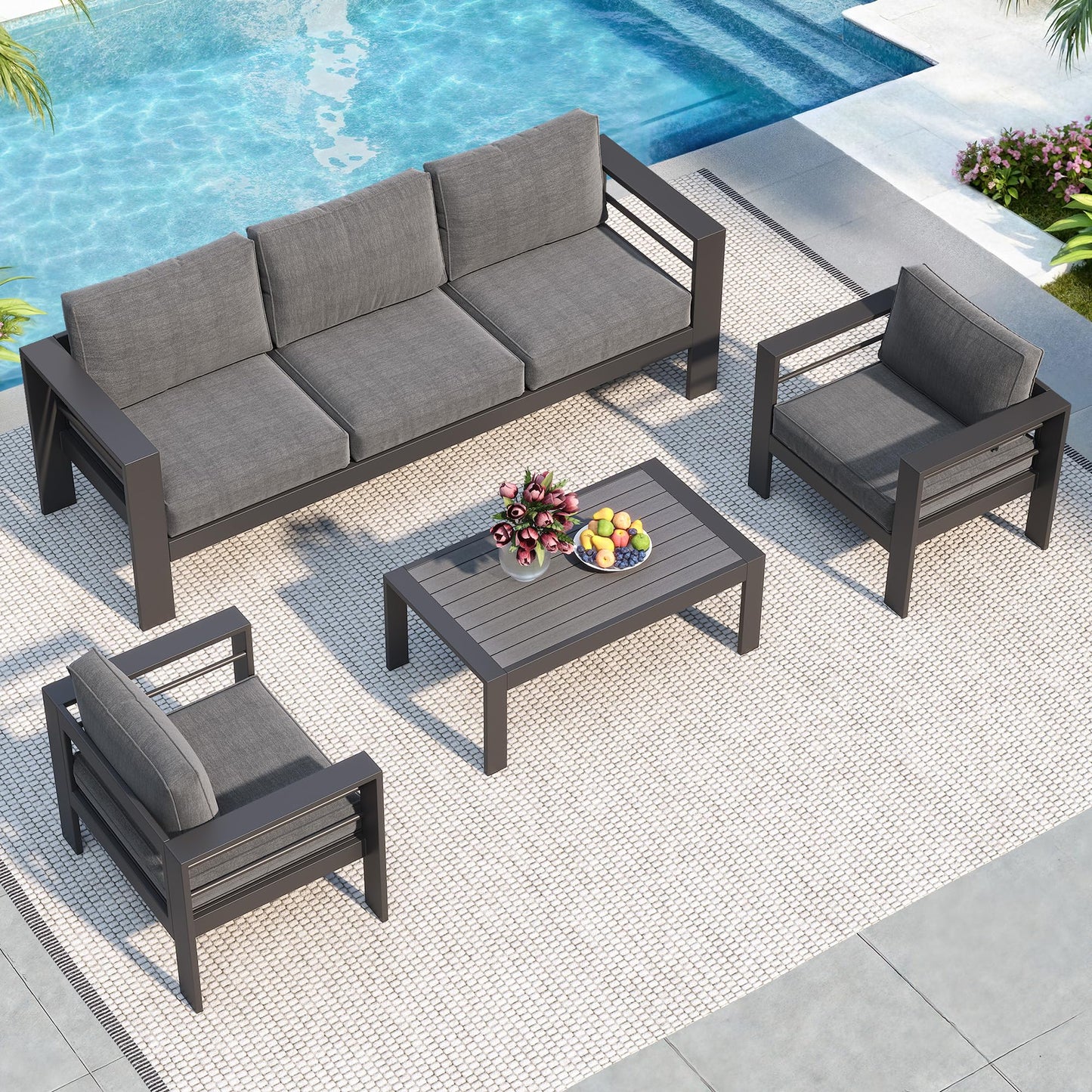 Solaste Aluminum Patio Furniture Set for All Weather, Oversized Metal Outdoor Furniture Set with 27.5" Deep Seating and 3.2" Wide Armrest, Outdoor Patio Conversation Sets with 10" Back Cushion, Gray