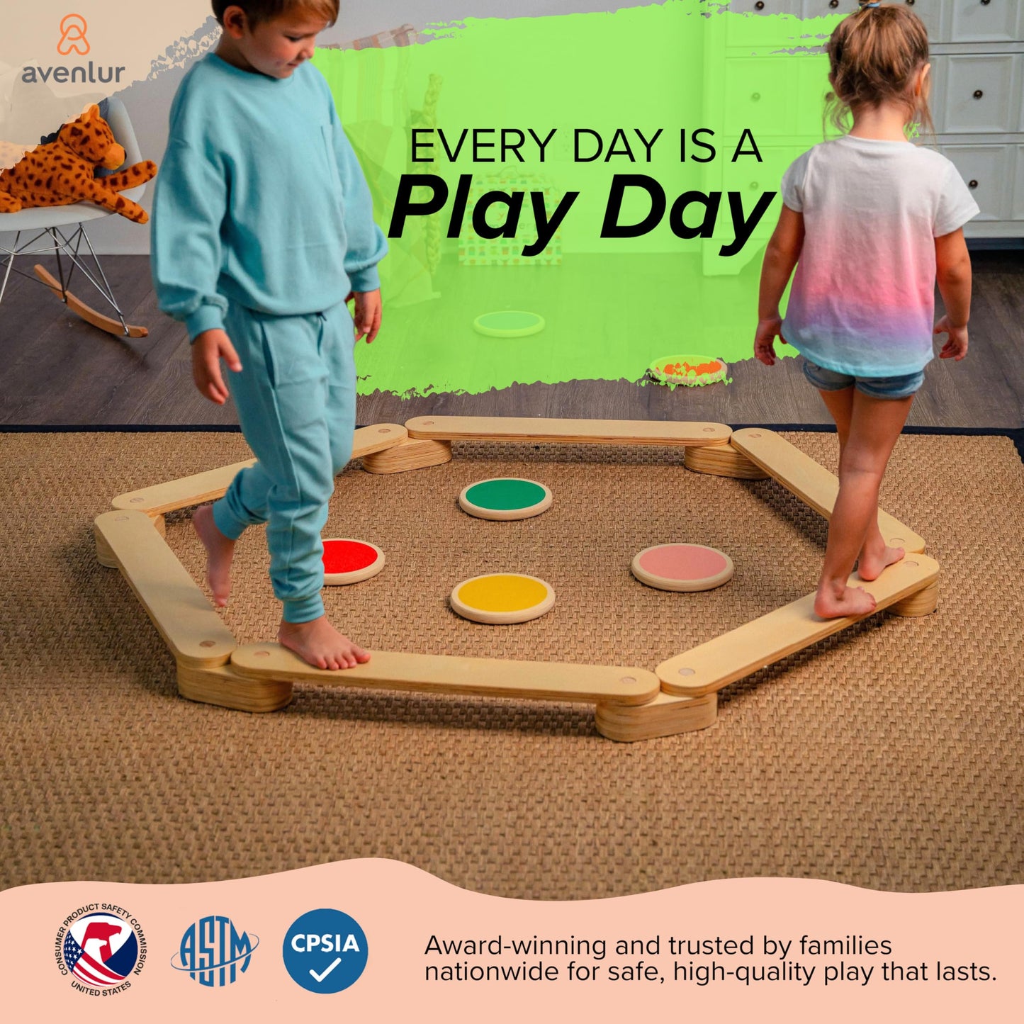 Avenlur Majesty Balance Beam for Kids - Toddler Stepping Stones and Connectors - Waldorf and Montessori Balance Board for Kids Ages 2 to 8 Years Old - Gymnastic Baby Obstacle Course
