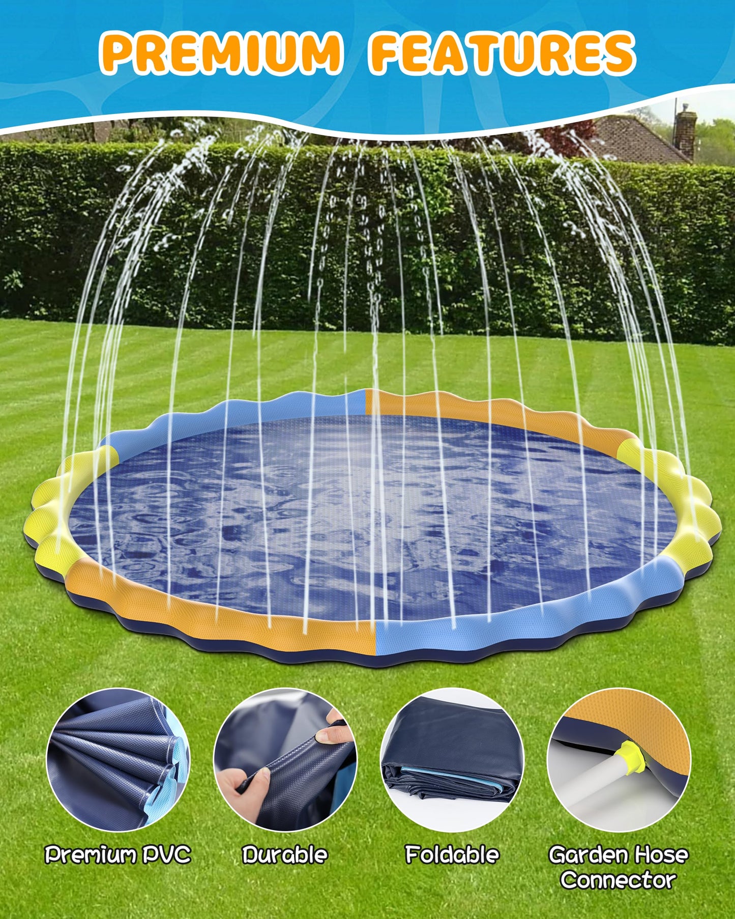 Instraella Splash Pad for Kids and Dogs, 124in Non-Slip Sprinkler Mat 0.5mm Thickened Durable and Foldable Large Pool Summer Fun Outdoor Toys for Dogs and Toddlers Age