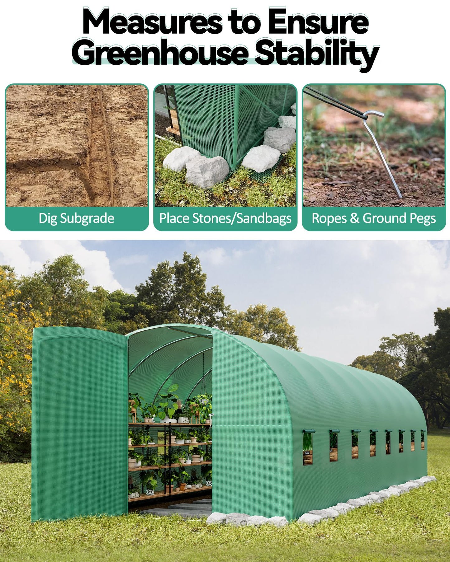 28X10x7.5 ft Large Walk-in Tunnel Greenhouse for Outdoors, Grow Tent with Reinforced Frame, Dual Zippered Screen Doors & 8 Screen Windows Green Houses Kit for Outside Backyard Gardening