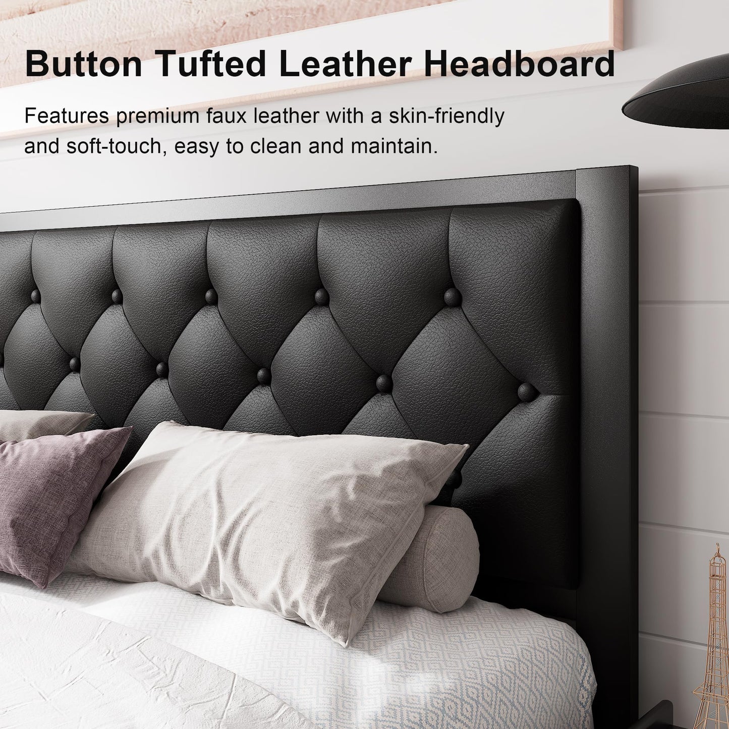 Feonase Queen Size Metal Bed Frame with Faux Leather Button Tufted Headboard, Heavy-Duty Platform Bed Frame with 12" Storage, Steel Slats Support, No Box Spring Needed, Noise Free, Matte Black