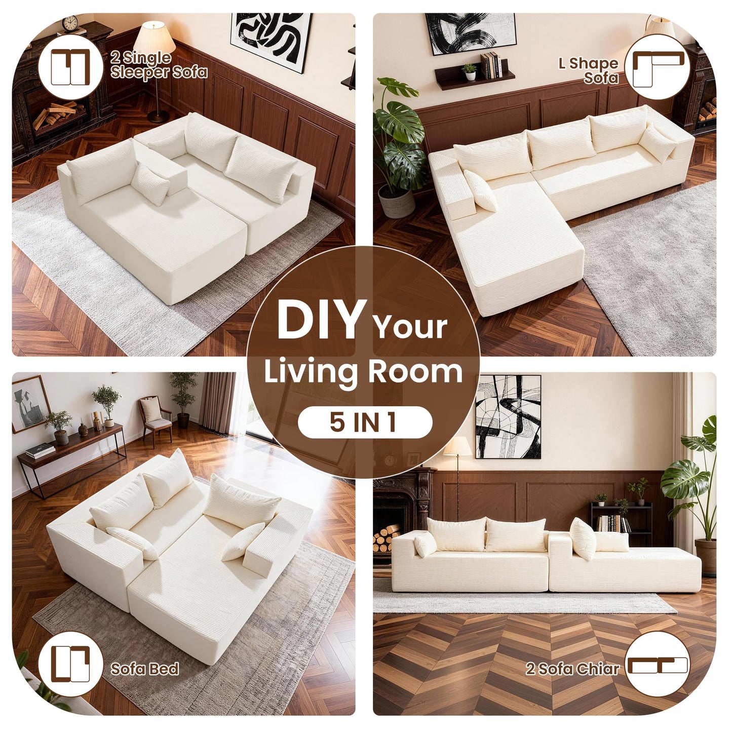 106" Cloud Sectional Boneless Couches for Living Room, Modular L Shaped Couch with Deep Seat Oversized Left Facing Chaise, Memory Foam Compressed Spineless 3 Seater Sofa for Bedroom Apartment, Beige