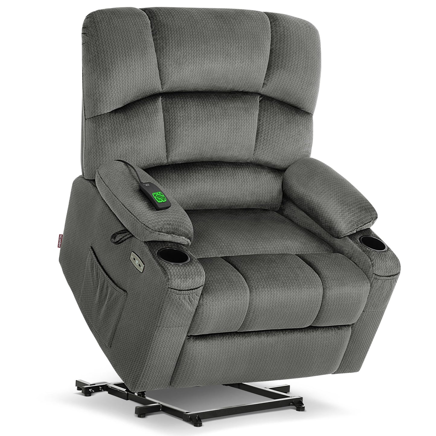 MCombo Oversized Dual Motor Power Lift Recliner Chair Sofa with Massage and Heat for Big Elderly People, Infinite Position, USB Ports, Fabric R7677 (Grey, Medium-Oversize)