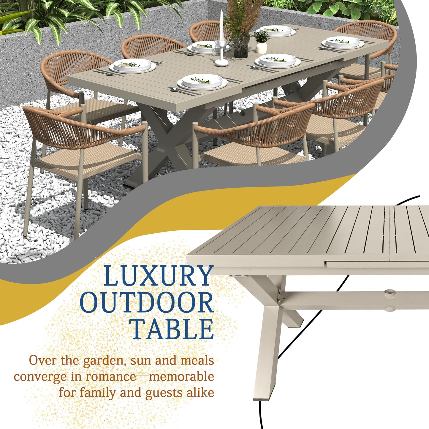 Vmopu 83'' × 32'' Extendable Outdoor Dining Table for 6-8, Aluminum Frame with Umbrella Hole for Patio, Garden, Backyard, Deck, Poolside (Milk Coffee)