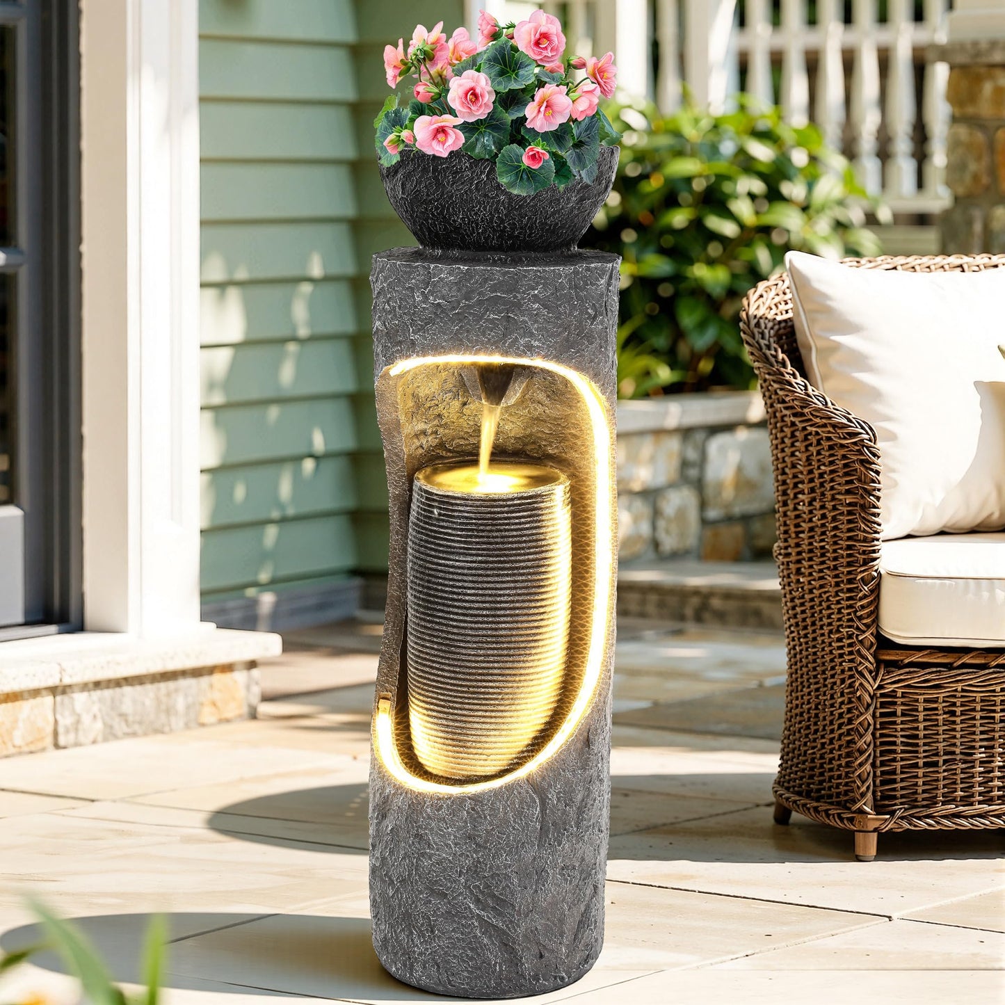 Ultym 40" Tall Outdoor Water Fountain, Dual-Layer Column Garden Fountain with Bird Feeder, Resin Soothing Cascading Waterfall Foutain for Patio, Backyard, Garden or Porch Decor
