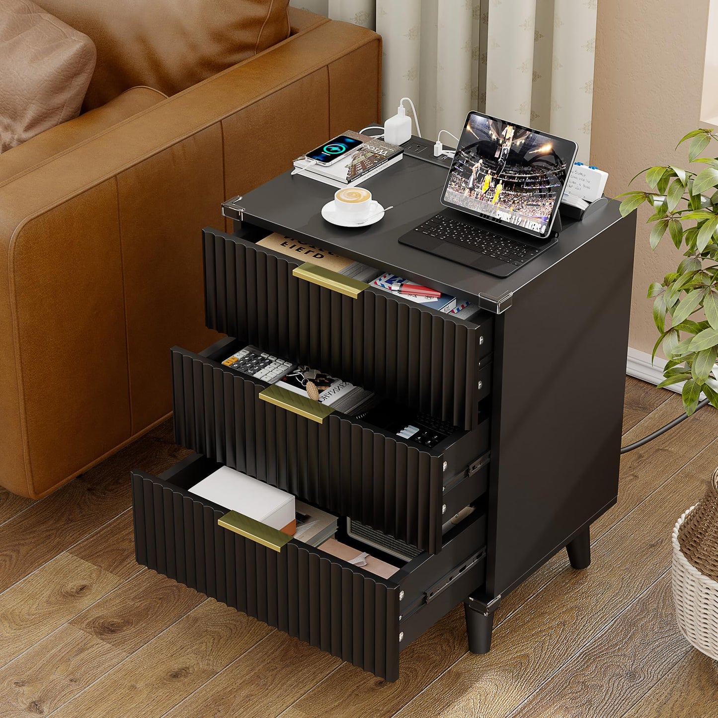 Lulive Wood 3 Drawers Dresser Fluted Night Stand with Charging Station, Natural Nightstand 3 Storage Drawers Dresser Modern Side Table, Bedside Table for Bedroom