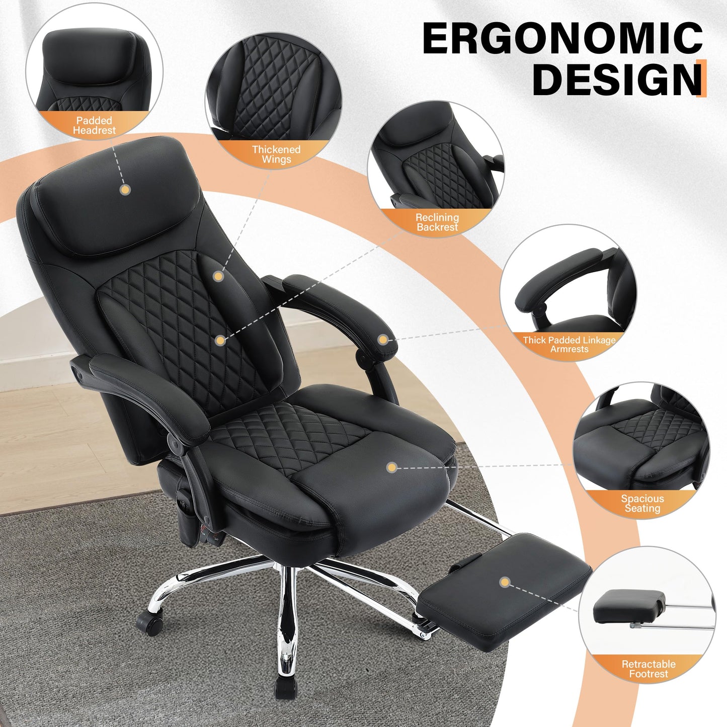 500LBS Massage Office Chair, 6 Points Vibration & Heat Executive Office Chairs, 135°Reclining Comfy Desk Chair with Footrest, Wider & Thicker Seat Cushion, PU Leather Big and Tall Gaming Chair, Black