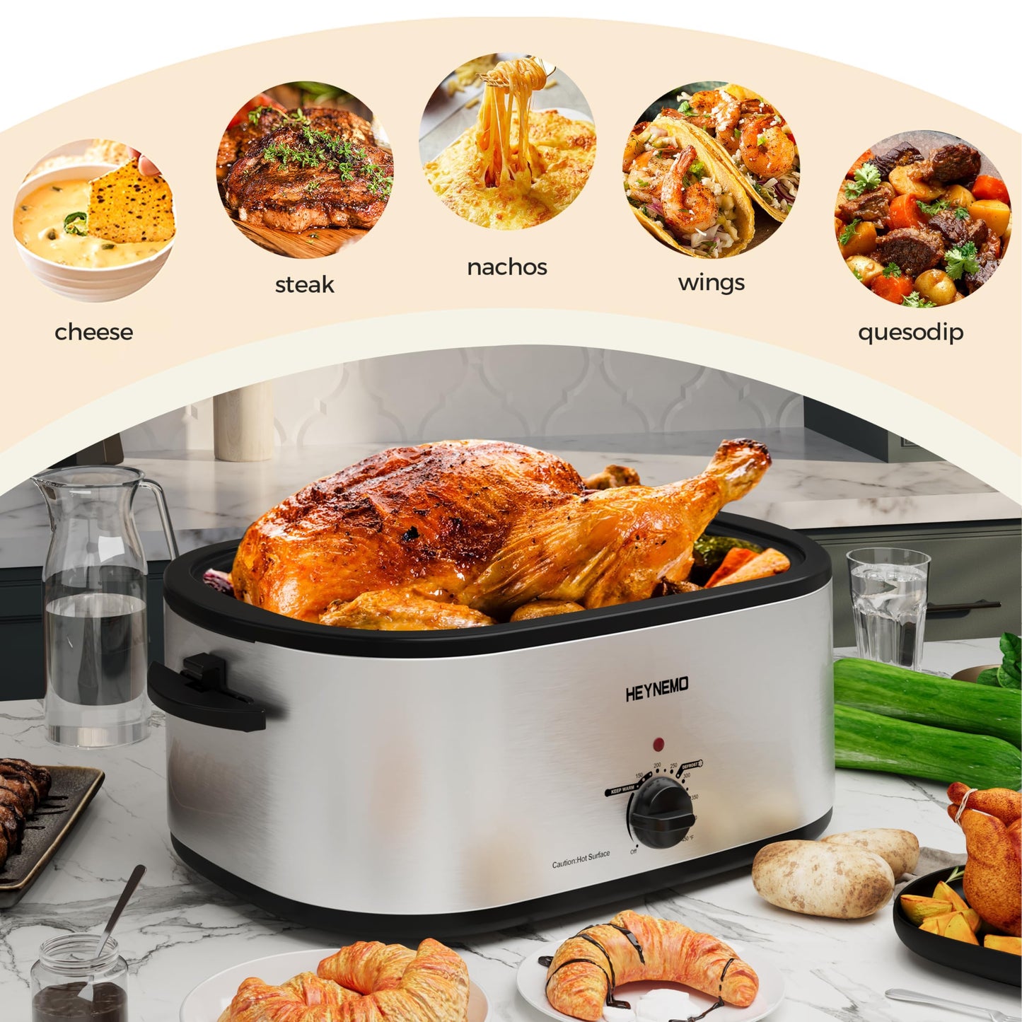 Roaster Oven 22Qt, Turkey Electric Roaster Oven Buffet with Self-Basting Lid, Removable Pan, Cool-Touch Handles, Stainless Steel, Silver