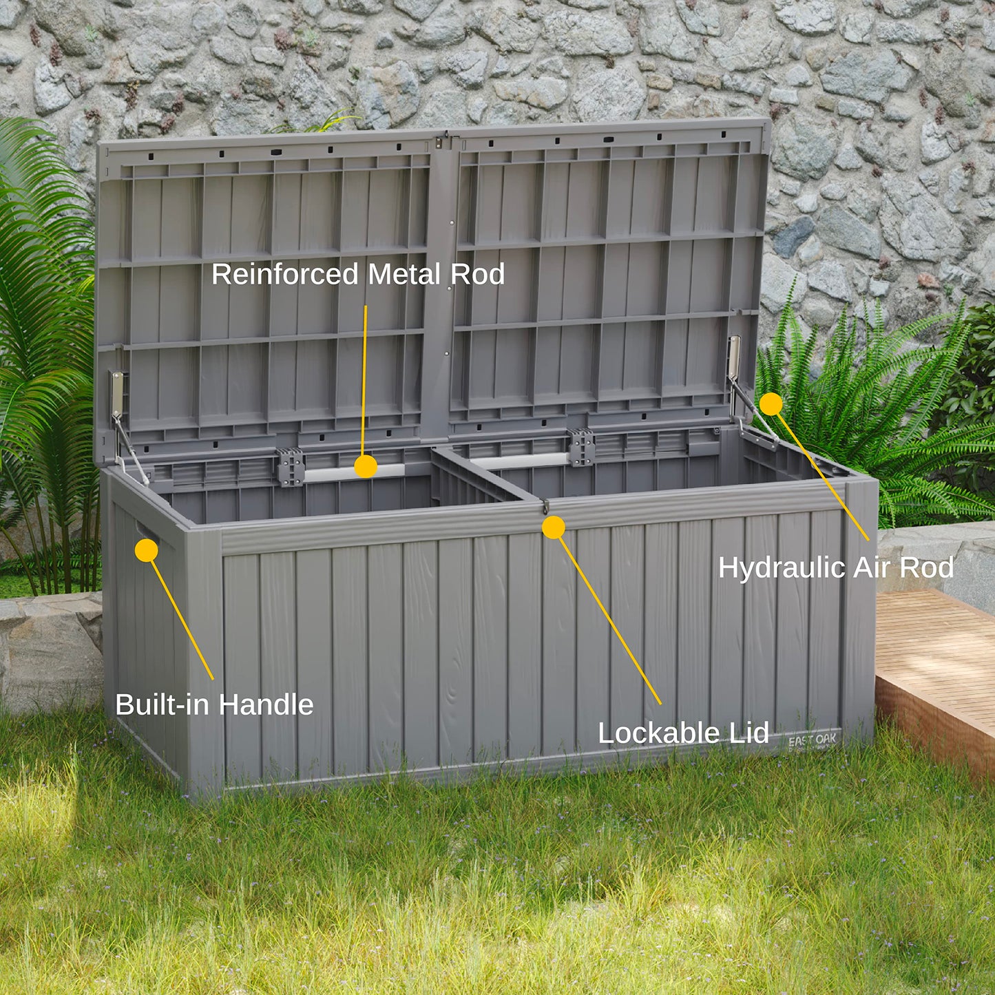 EAST OAK Outdoor Storage Box, 150 Gallon Deck Box, Large Resin Storage Bin for Patio Cushions, Gardening Tools, Lockable, Waterproof and UV Resistant, Grey