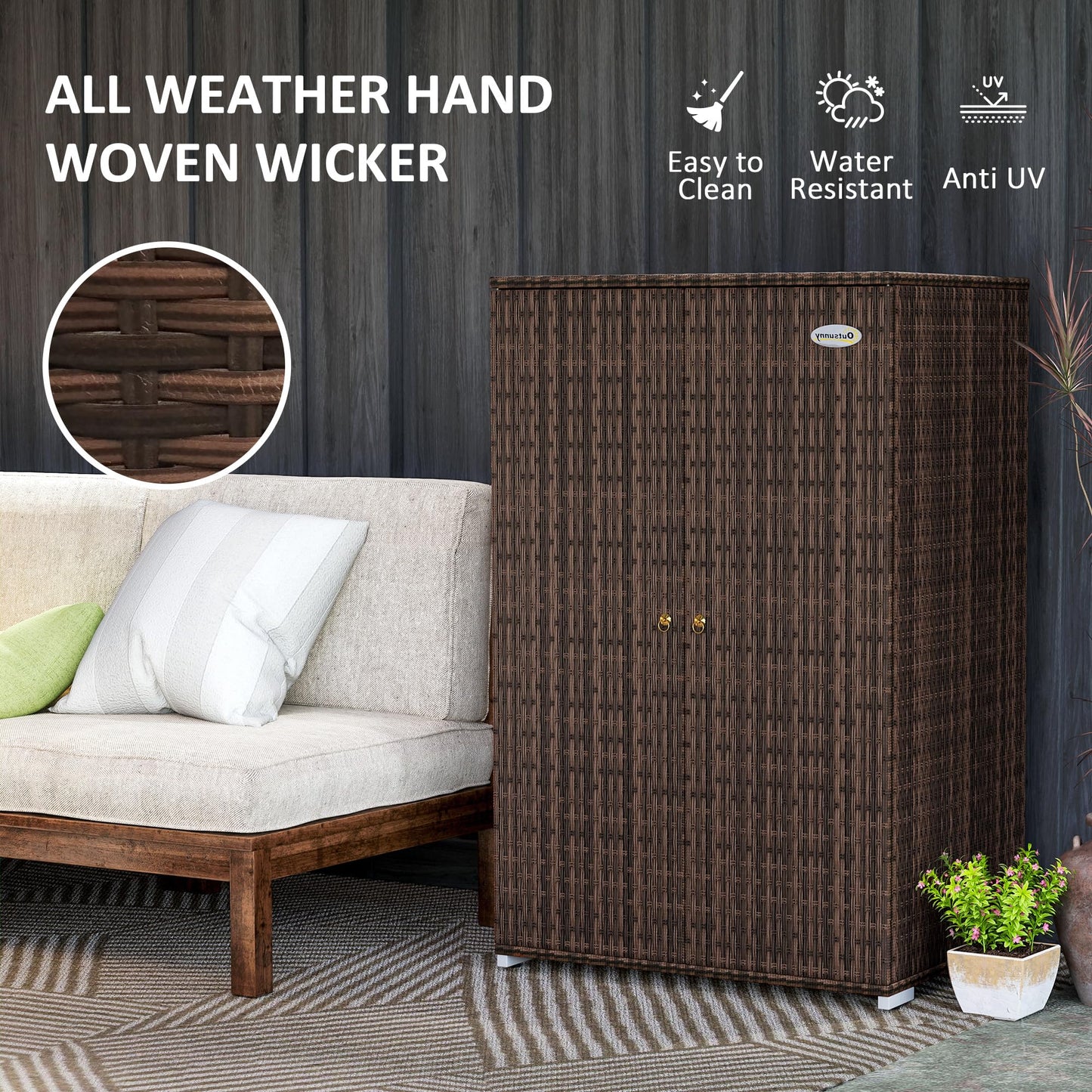 Outsunny Wicker Outdoor Storage Cabinet with Shelves, 2-Door Rattan Pool Towel Storage Cabinet with Removable Shelf & Drawer, Outdoor Towel Holder for Garden, Backyard, Porch, Mixed Brown