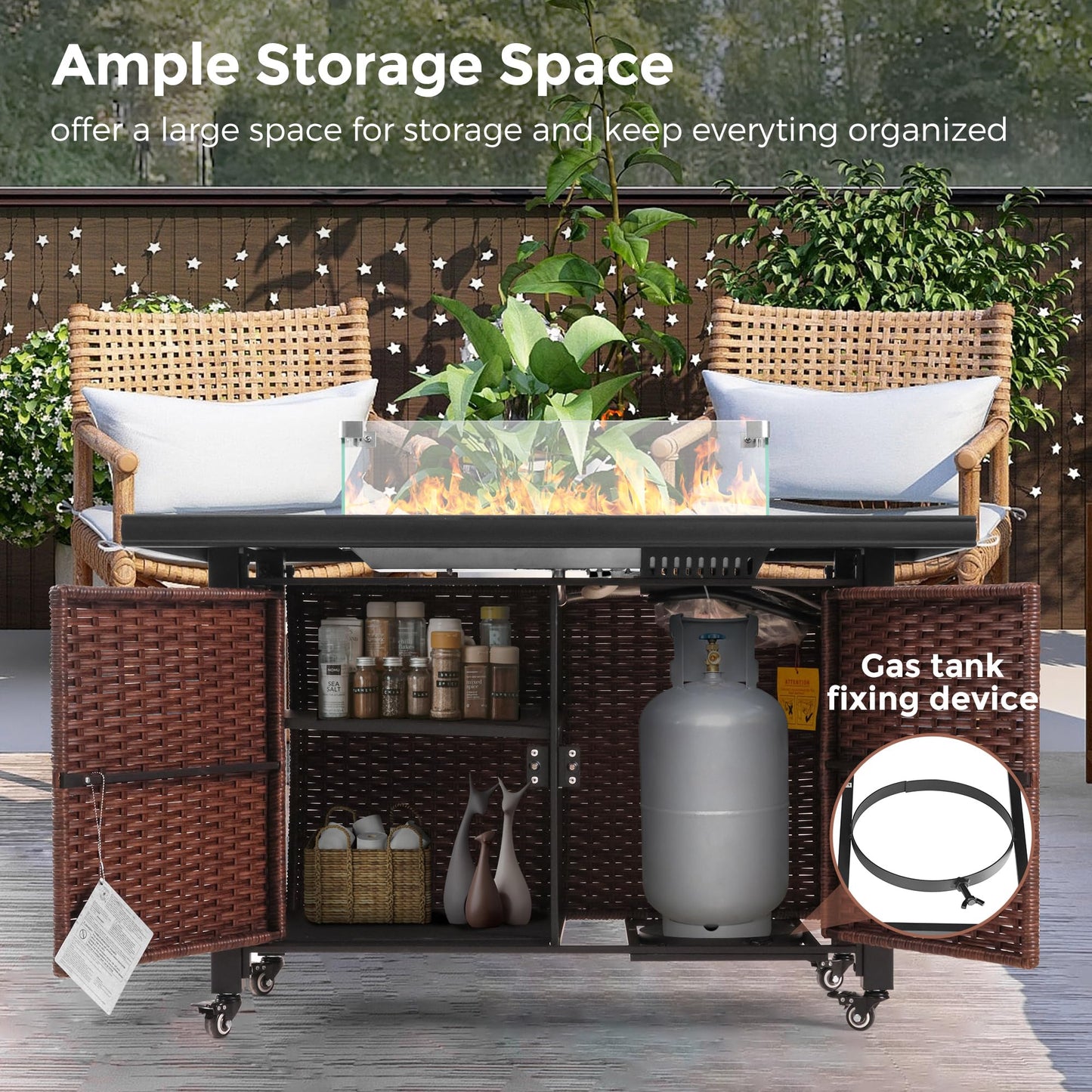 walnest 43 Inch Outdoor Fire Table with Ceramic Tile Tabletop Propane Fire Pit Table 60,000 BTU Gas FirePit CSA Certified Wicker Rattan Fire Table with Lid Glass Rock Wheels Waterproof Cover Gloves