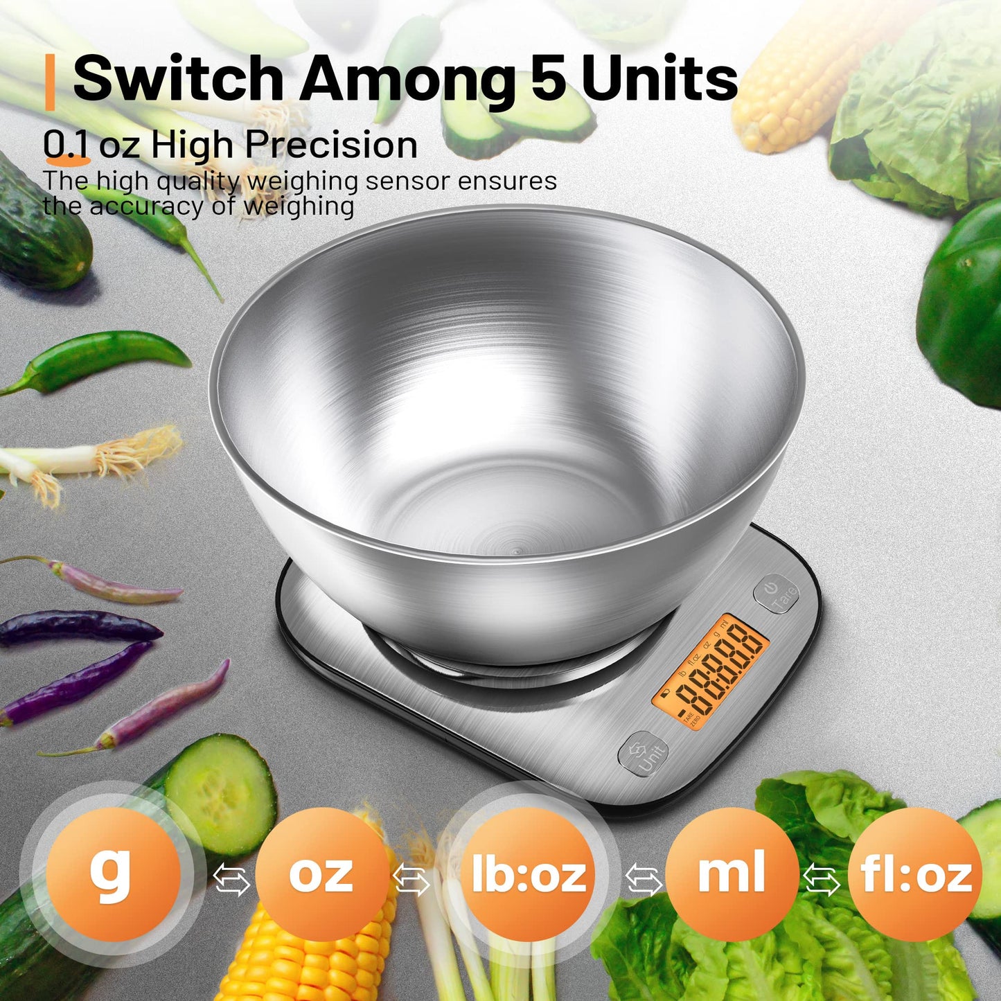 GRAM PRES Food Kitchen Scale Digital Weight Grams and Oz with IPX6 Waterproof，Professional Stainless Steel Digital Kitchen Food Scale 11lb/0.01oz with Bowl for Weight Loss Dieting Baking Cooking