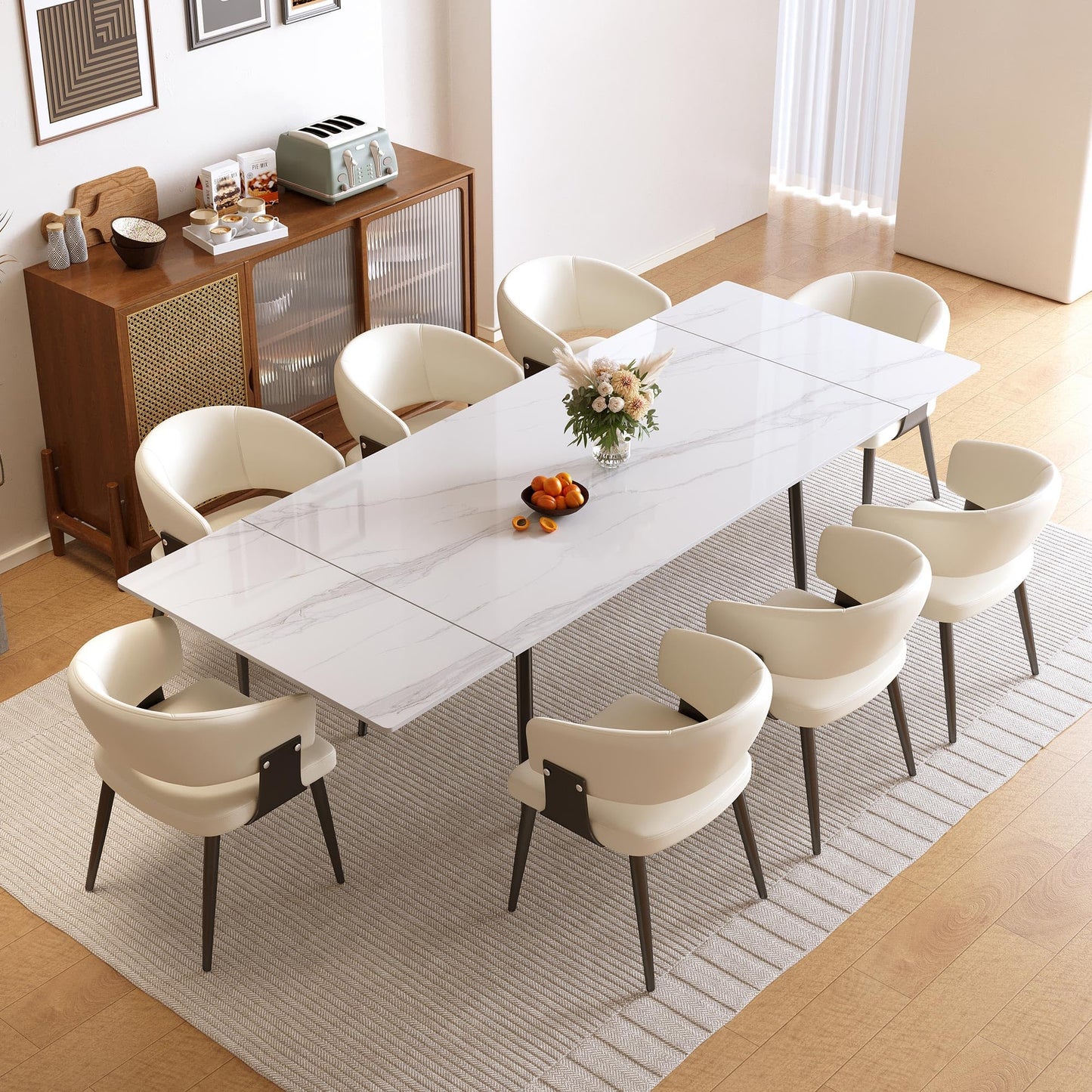 NessCarsti 62.9"–94.4" Extendable Sintered Stone Dining Table for 6–10, Modern White Rectangular Kitchen Table with Stainless Steel Legs, Scratch-Resistant & Heat-Resistant, Patio & Backyard Furniture