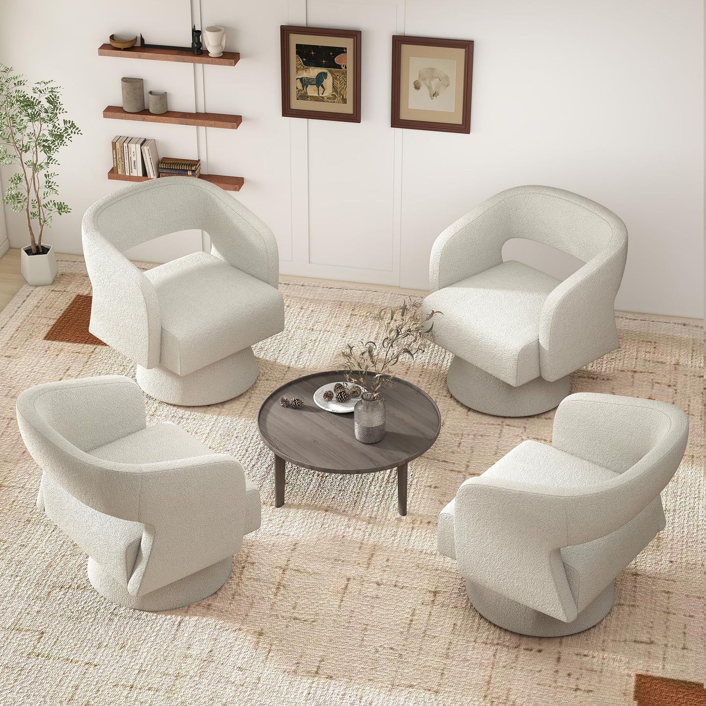 Nebuaegis Swivel Accent Chair Set of 2, Modern Comfy Teddy Barrel Chairs, Oversized Upholstered Round Arm Chair for Living Room, Bedroom, Reading Room, White