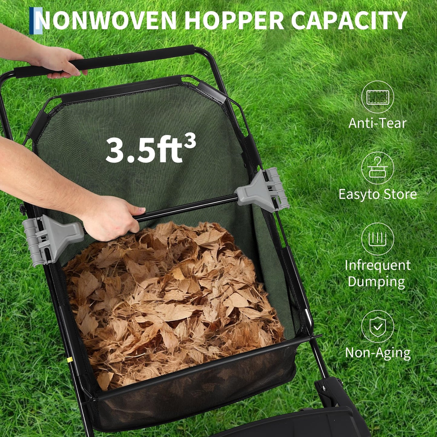Garvee Push Lawn Sweeper, 21inch Leaf & Grass Collector, Heavy Duty Thickened Steel Durable to Use with Large Capacity 3.5 Cu. ft. Mesh Collection Hopper Bag, 2 Spinning Brushes