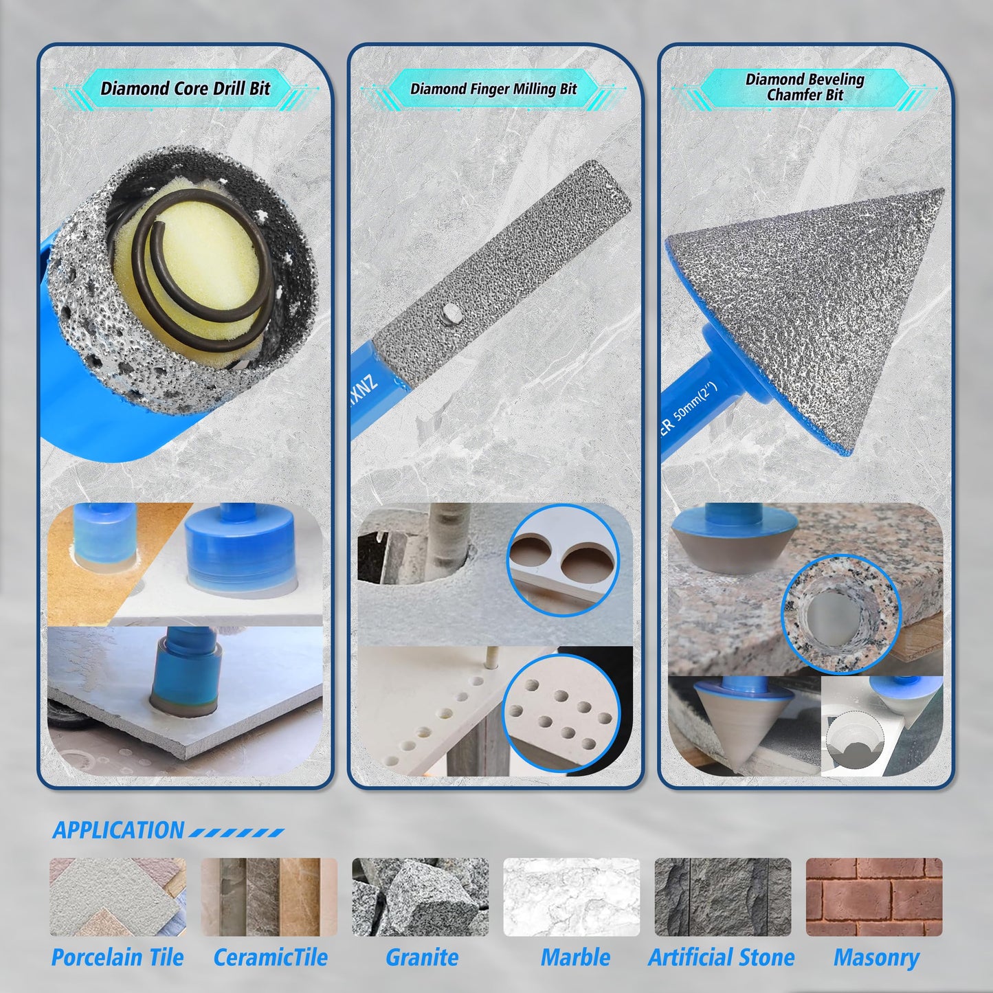 Diamond Core Drill Bits Set - ZNXIMER Porcelain Tile Hole Saw Kit for Ceramic, Granite, Marble and More Drilling - 13pcs Diamond Hole Saw Kit(6/6/8/20/25/28/35/45/50/65MM/2/6MM/10MM)