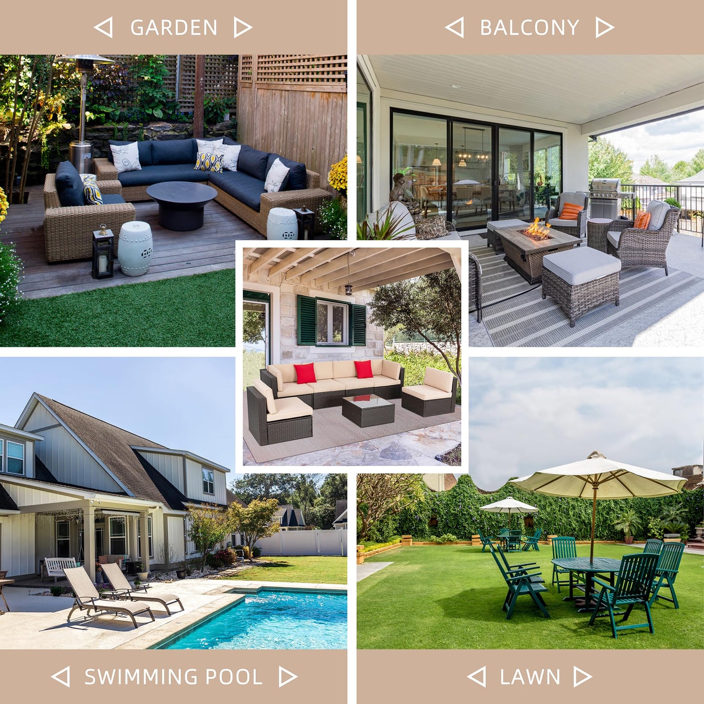 Shintenchi 7 Pieces Patio Furniture Sets Outdoor All-Weather Sectional Patio Sofa Set PE Rattan Manual Weaving Wicker Patio Conversation Set with Glass Table&Ottoman Cushion and Red Pillows, Beige