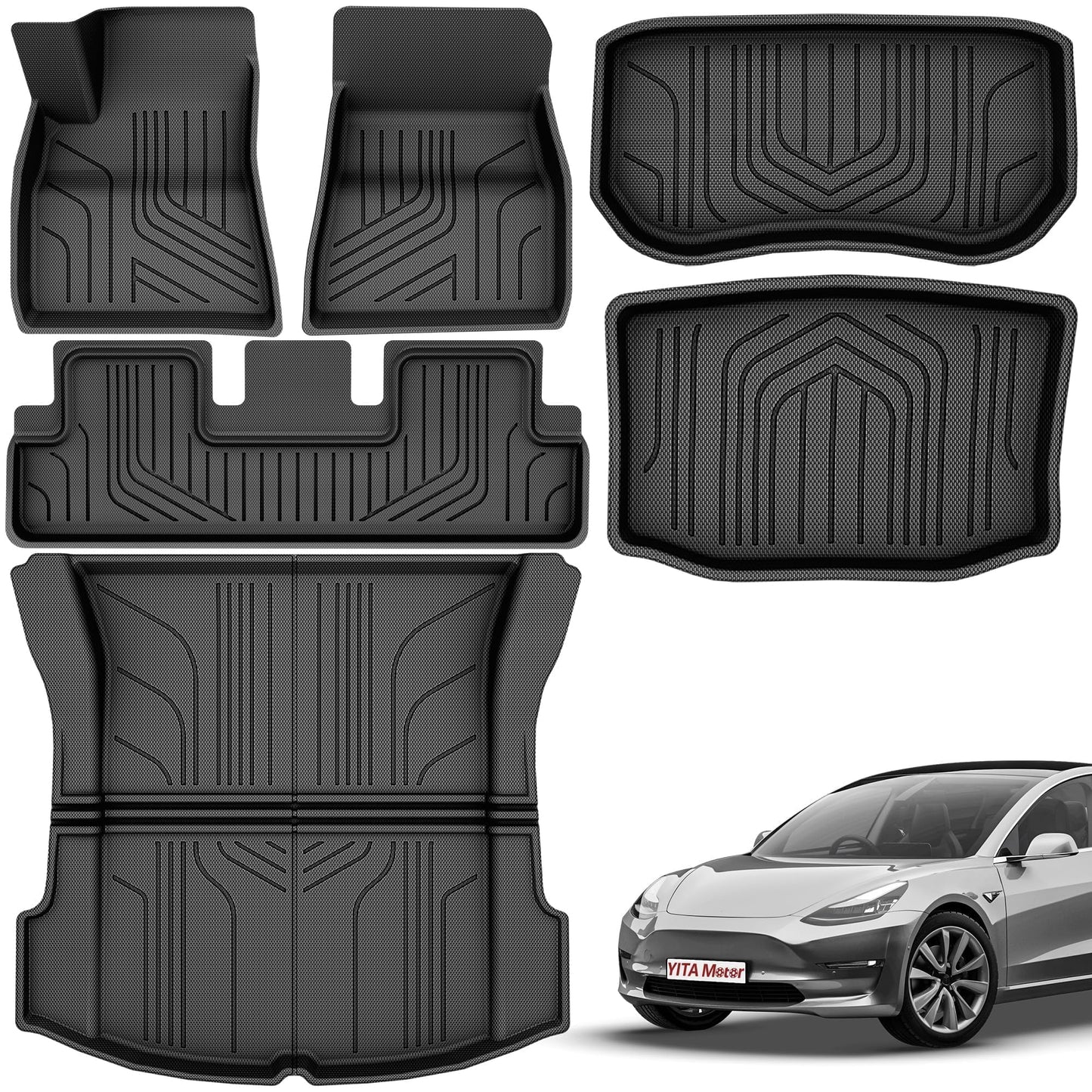 YITAMOTOR Tesla Model 3 Floor Mats Full Set Custom Fit 2020-2023 All-Weather Cargo Liners Rear Cargo Tray Trunk Floor Mat Interior Accessories, Black