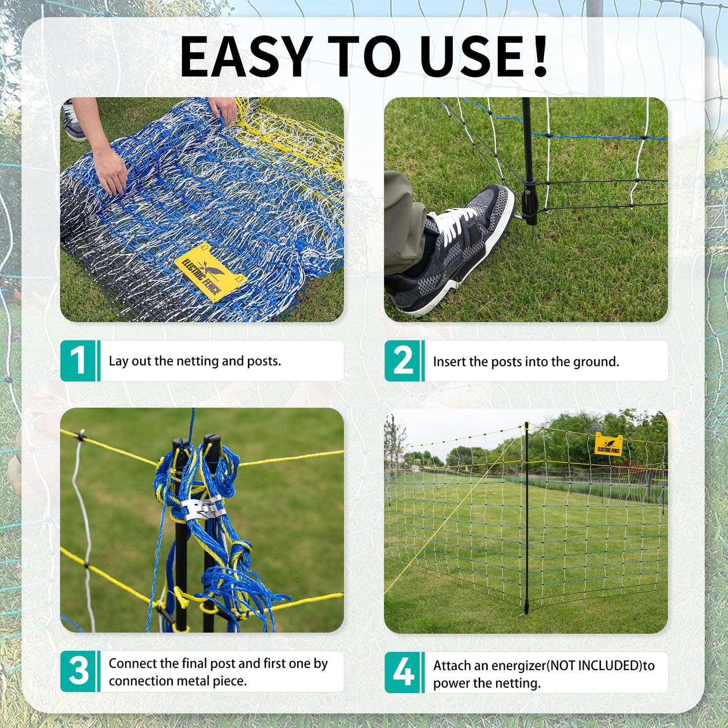 PPOLB Highly Visible Blue Electric Fence Netting, 35.4" H x 164' L, Portable Livestock Nets Mesh for Goats, Sheep, Hogs, Dog, Electric Fencing for Backyards, Homesteaders, Farms Ranches, and Gardens