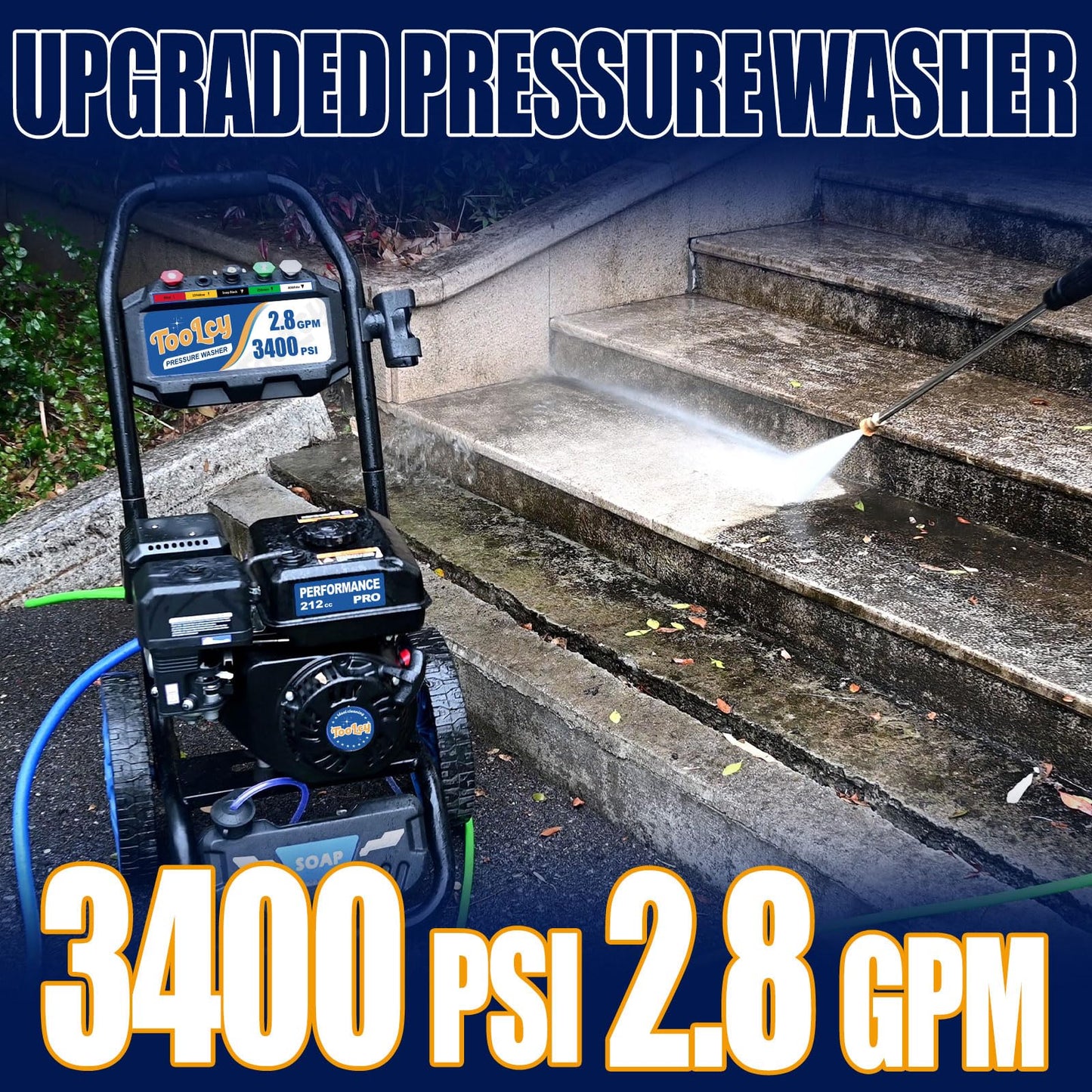 TOOLCY 3400 PSI Gas Pressure Washer, 2.8 GPM Gas Powered Power Washer with Soap Tank, Reinforced Pump & 212cc OHV Engine, 35 FT Pressure Hose, Quick Connect Swivel Pressure Gun, 5 Nozzles for Homes
